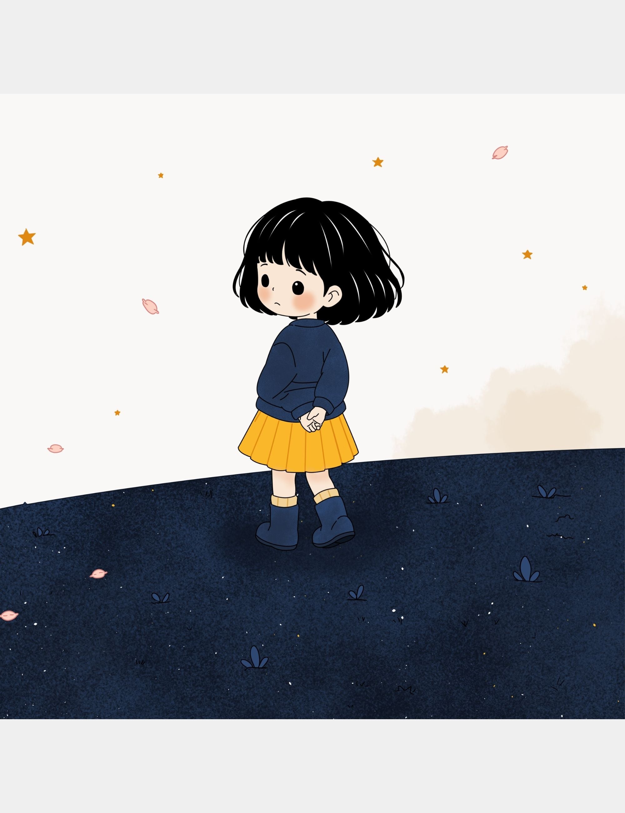 Illustration preview from Bella the Sunshine Girl showing Bella standing quietly on the dark blue hills of Big Blue with a thoughtful and uncertain expression beneath soft stars and drifting petals.