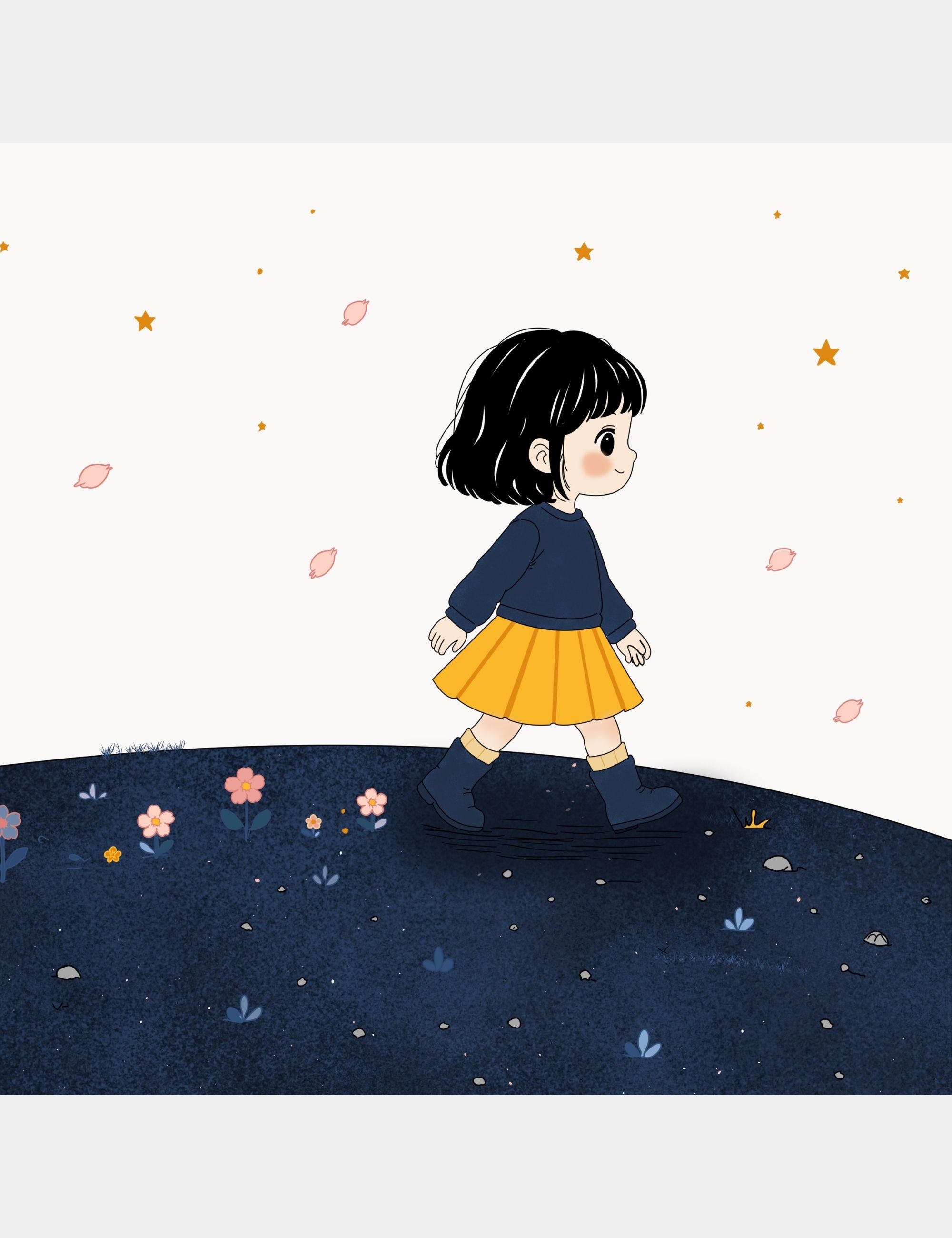Preview illustration from Bella the Sunshine Girl featuring Bella walking gently across the dark blue hills of Big Blue while flowers begin blooming behind her footsteps.