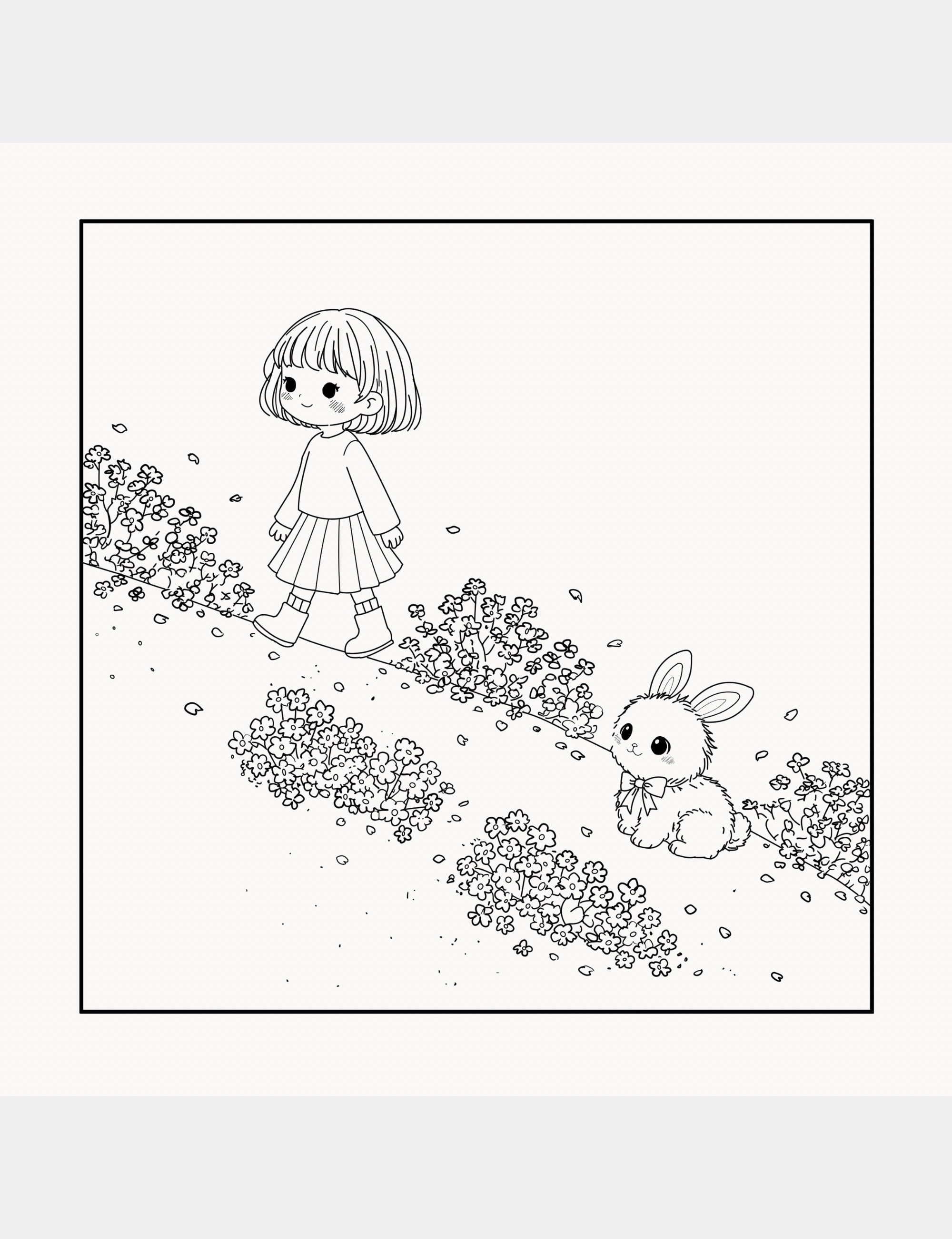 Gentle coloring book page from Bella the Sunshine Girl featuring Bella walking along a flower-lined path beside Bun the bunny surrounded by tiny blossoms and drifting petals.