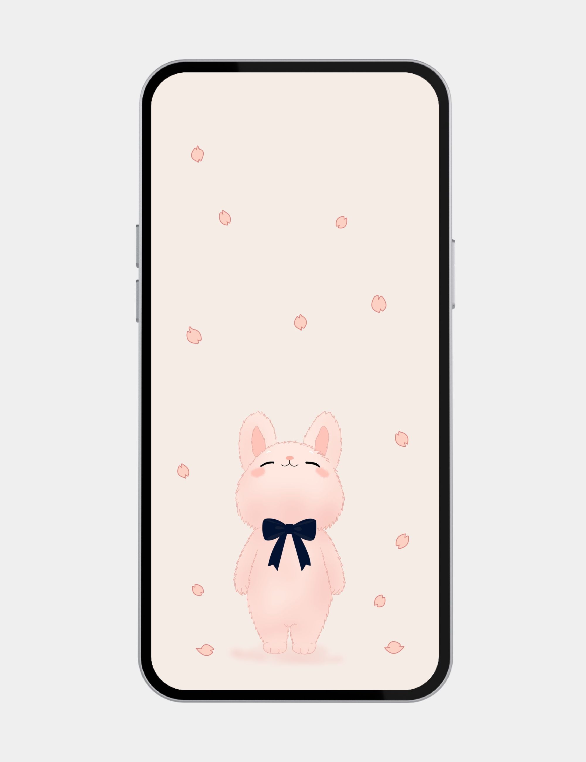 Cute blush pink bunny mobile wallpaper with floating cherry blossom petals and soft pastel background.
