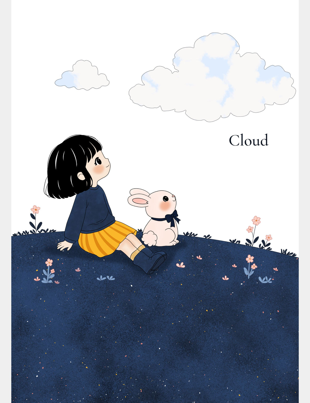 C is for Cloud educational poster from Bella the Sunshine Girl ABC Adventure featuring Bella and Bun sitting together on a blue hill and looking up at soft clouds in the sky.