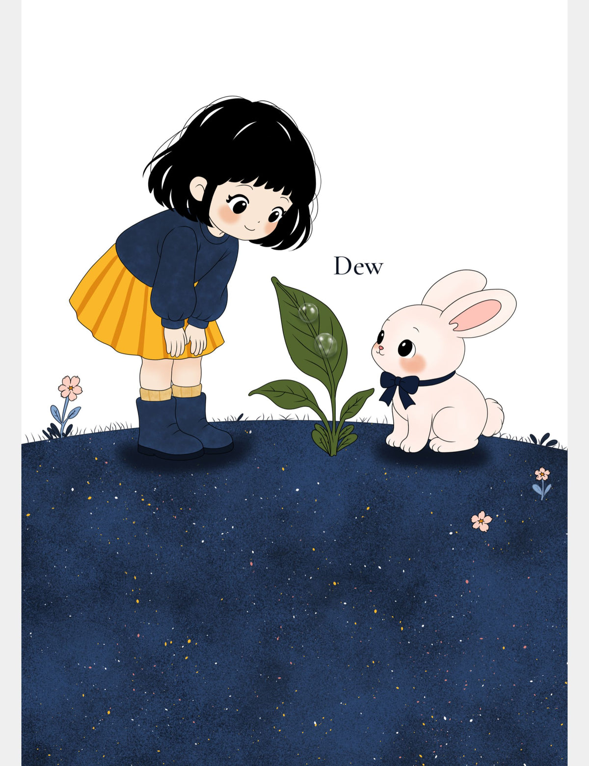 Free A4 Dew poster from Bella the Sunshine Girl featuring Bella and Bun discovering sparkling drops of dew on a green leaf in the flower-filled world of Big Blue.