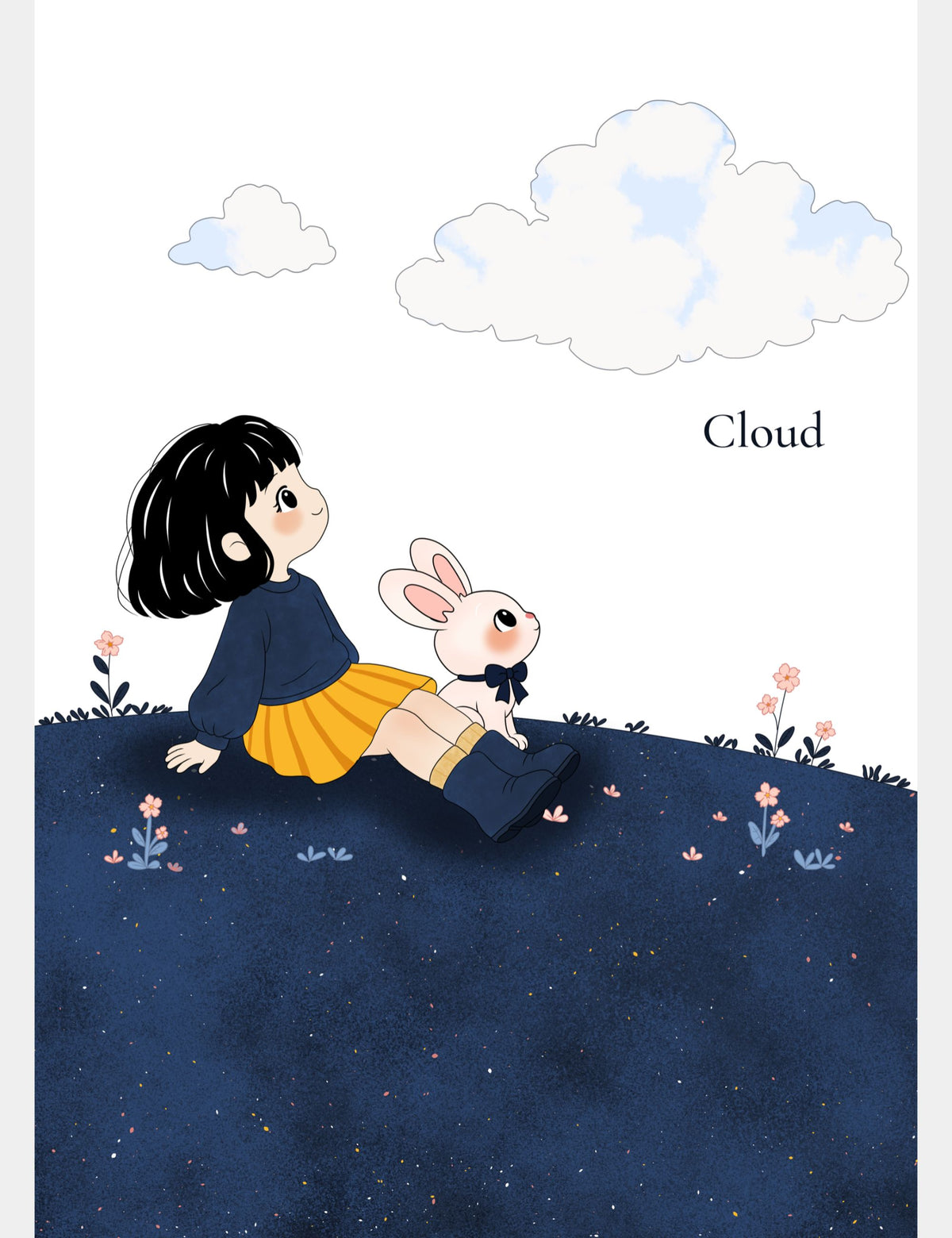 Free A4 C is for Cloud ABC poster featuring Bella the Sunshine Girl and Bun the Pink Bunny sitting together on Big Blue and looking up at soft blue and white clouds.