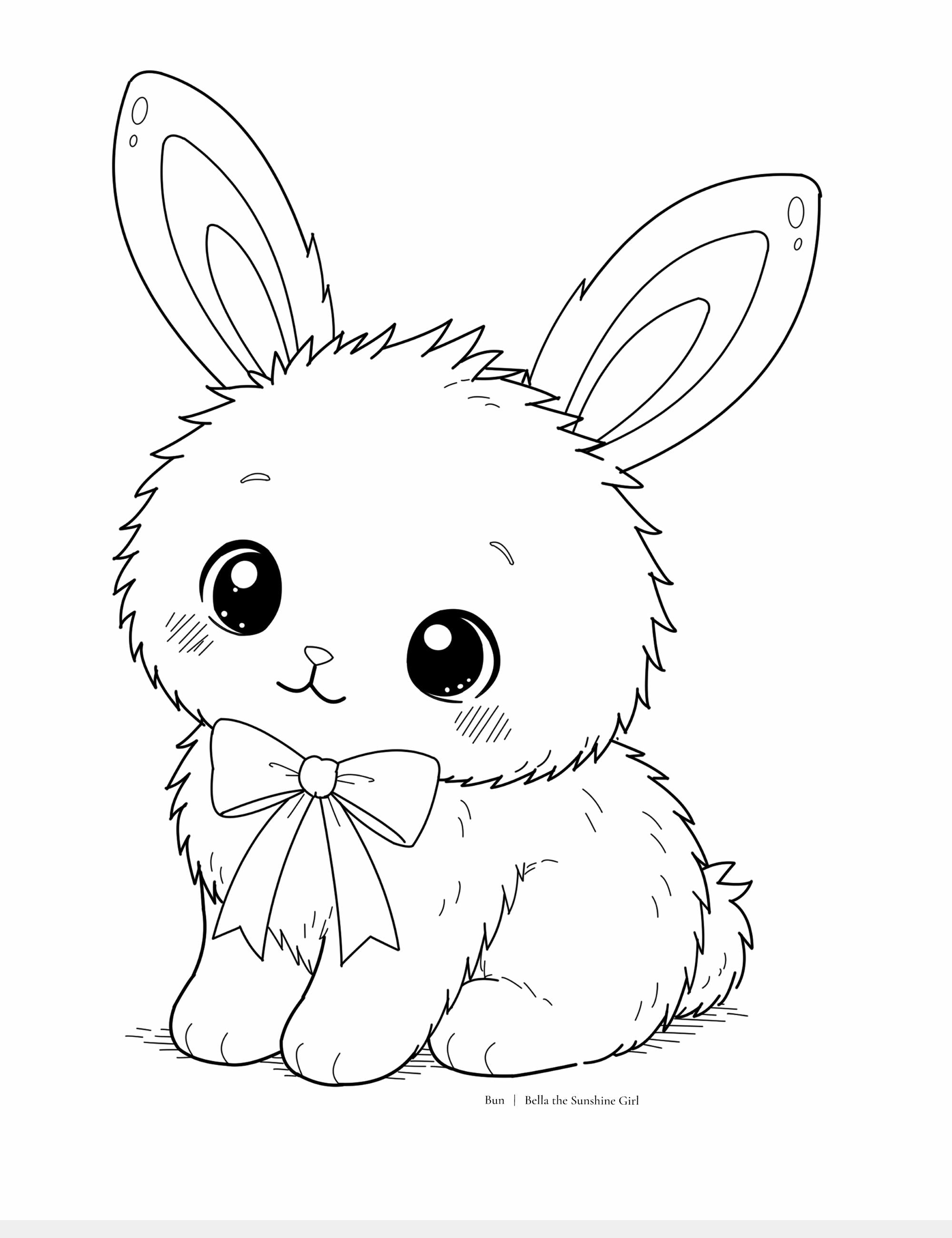 Free printable fluffy bunny coloring page featuring Bun with a bow tie and kawaii expression. Gentle children’s coloring activity designed for calm creativity, imagination, and cozy playtime.