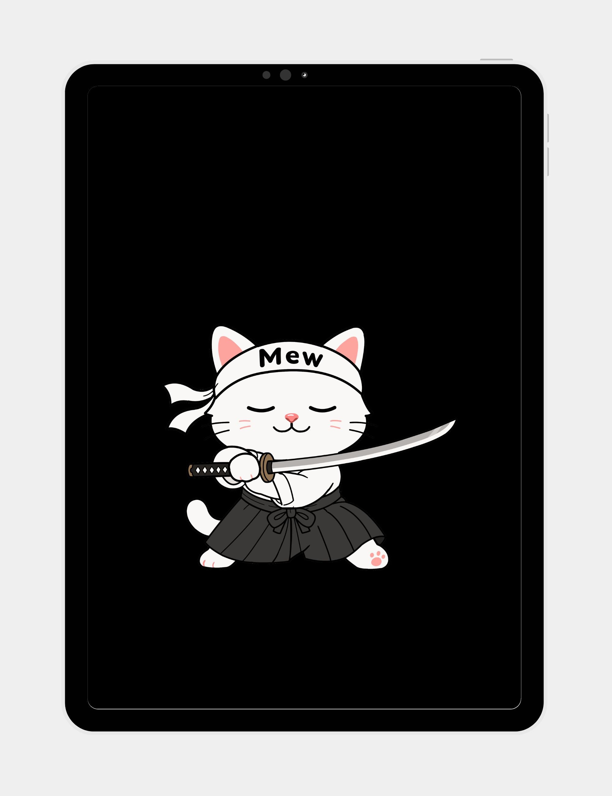 Free black tablet wallpaper featuring Mewmiwmiw calmly holding a katana in a minimalist samurai-inspired pose.