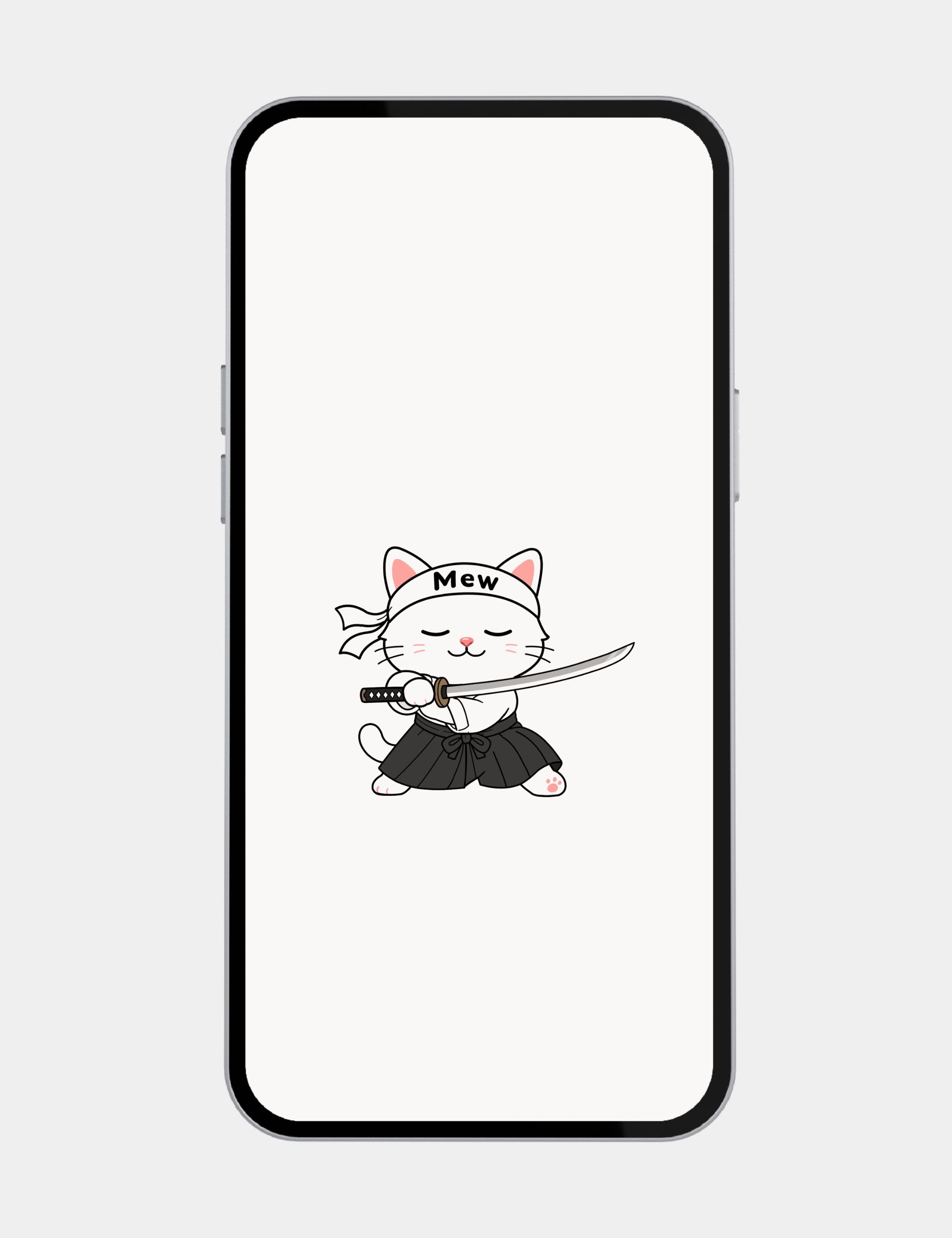 Free cream mobile wallpaper featuring Mewmiwmiw holding a katana in a calm minimalist anime-inspired stance.