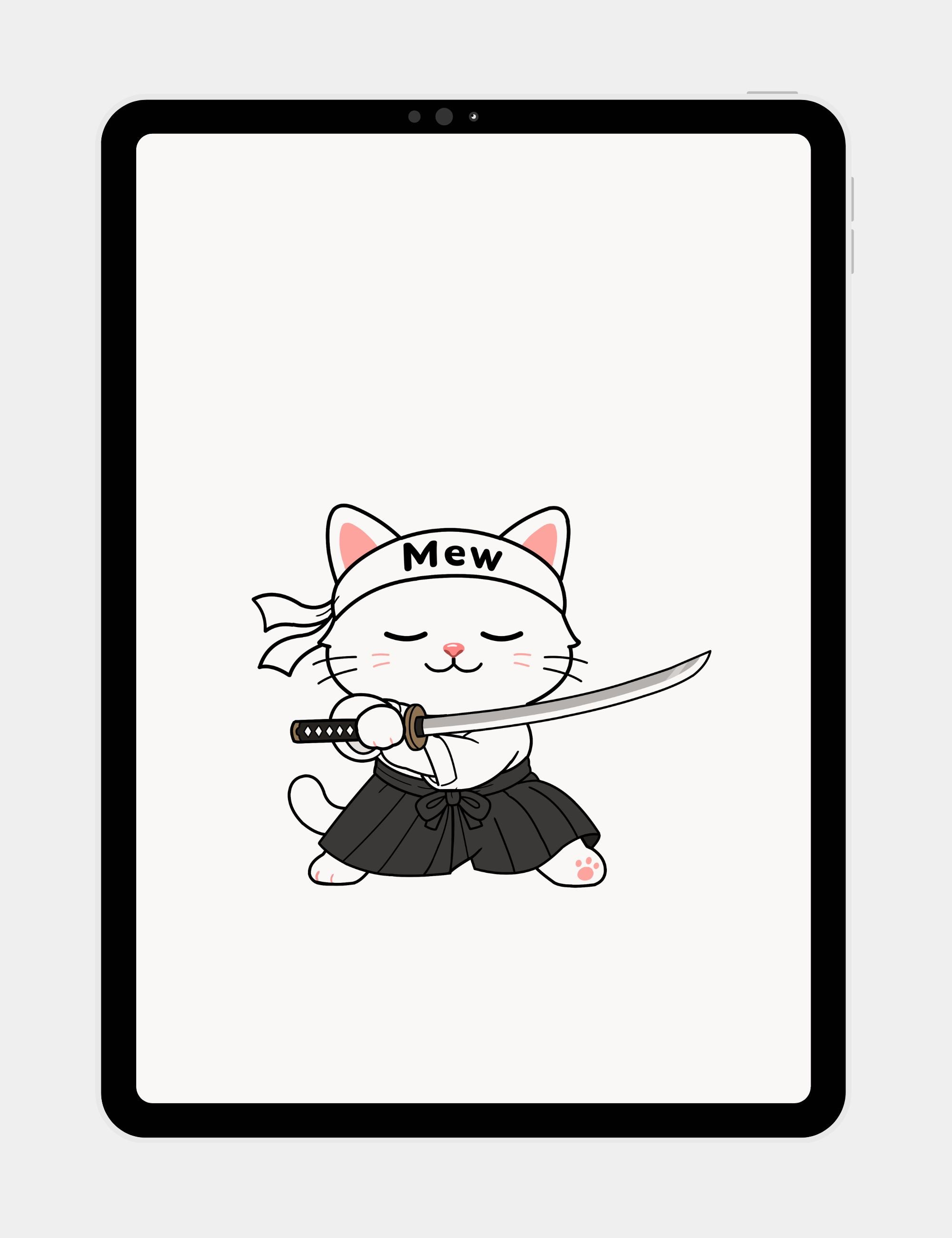 Free minimalist cream tablet wallpaper featuring Mewmiwmiw holding a katana in a peaceful anime-inspired pose.