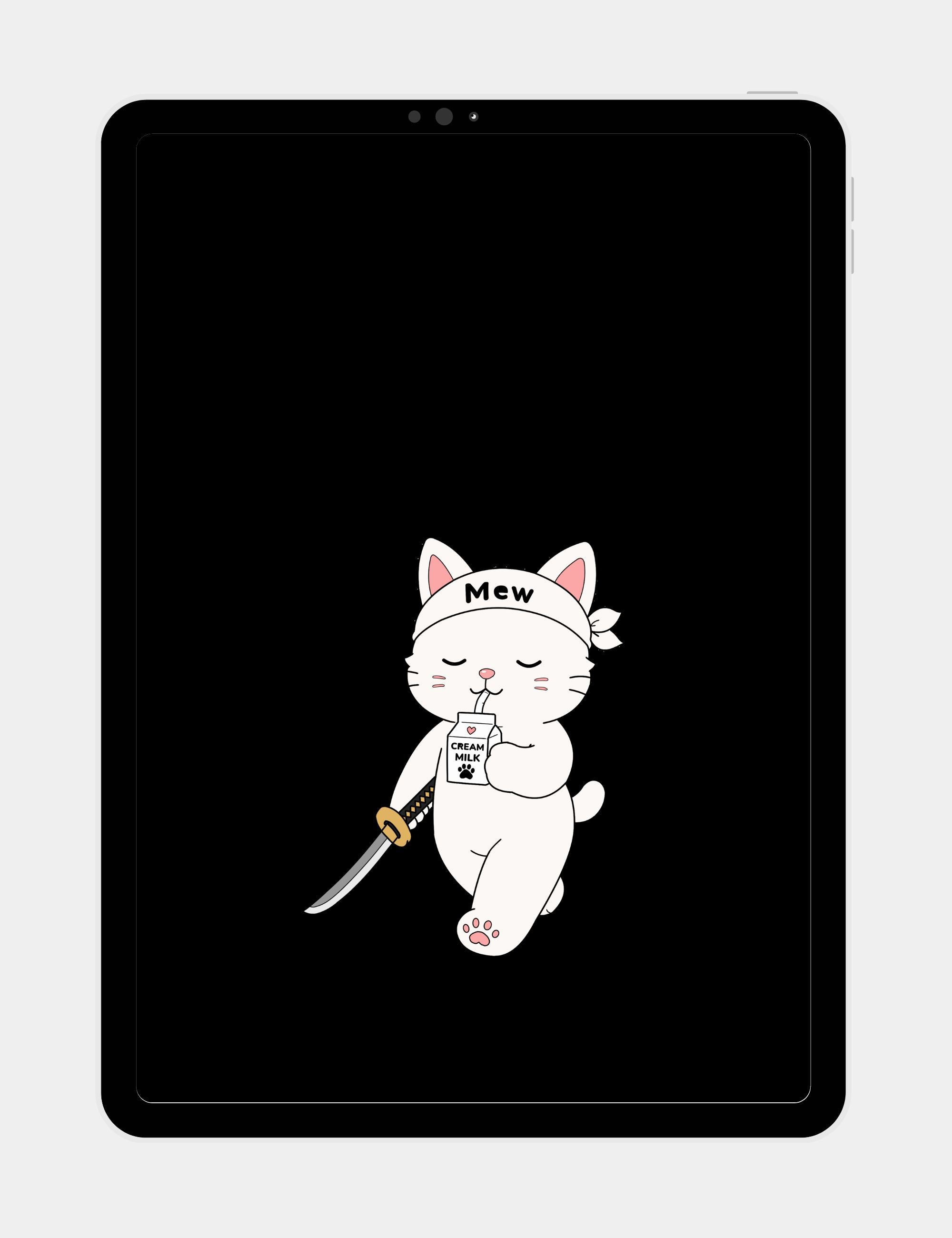 Free black tablet wallpaper featuring Mewmiwmiw calmly walking with a katana while holding cream milk in a minimalist anime style.