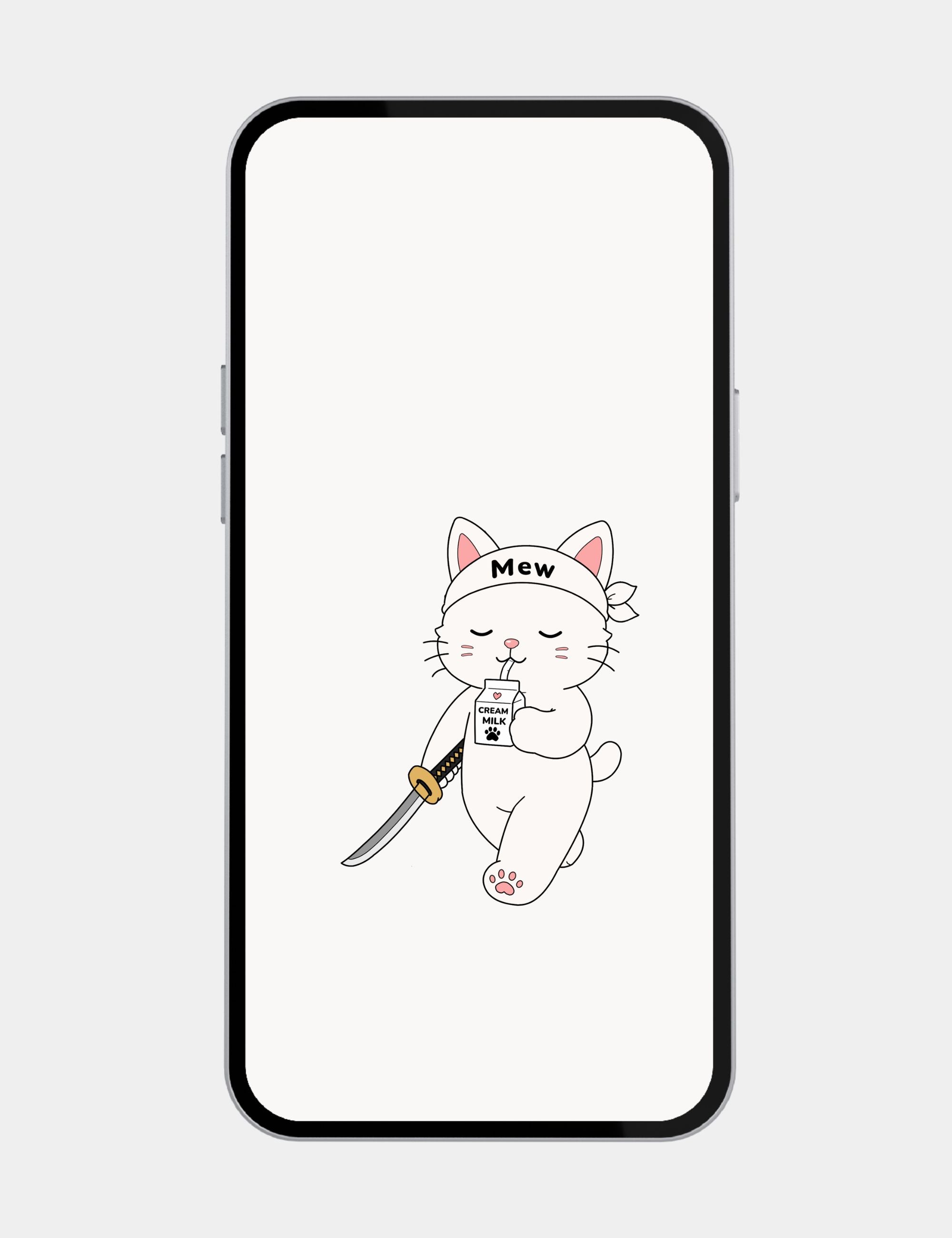 Free cream tablet wallpaper featuring Mewmiwmiw walking calmly with a katana while holding cream milk in a minimalist anime style.