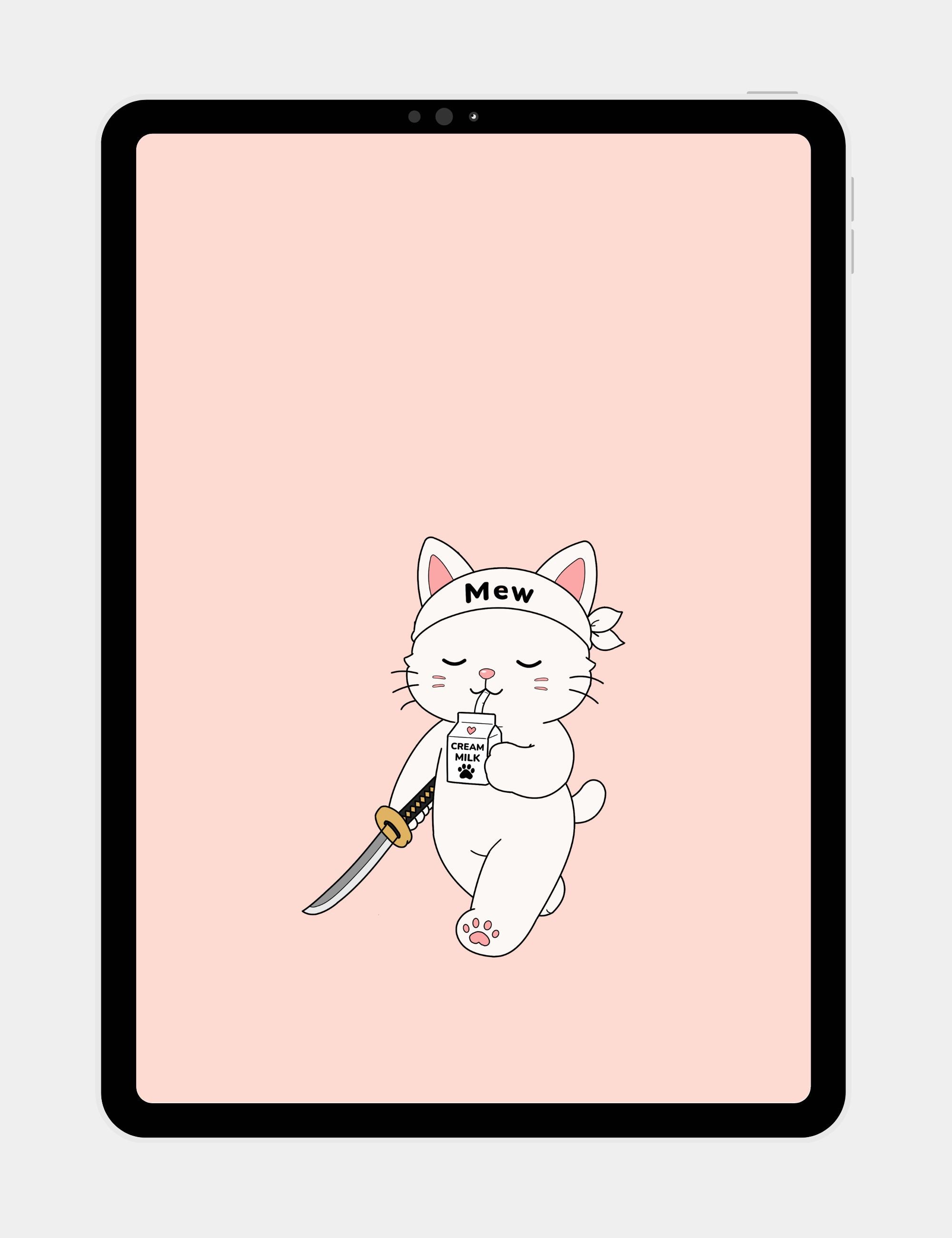 Free pink tablet wallpaper featuring Mewmiwmiw walking calmly with a katana while holding cream milk in a minimalist anime style.