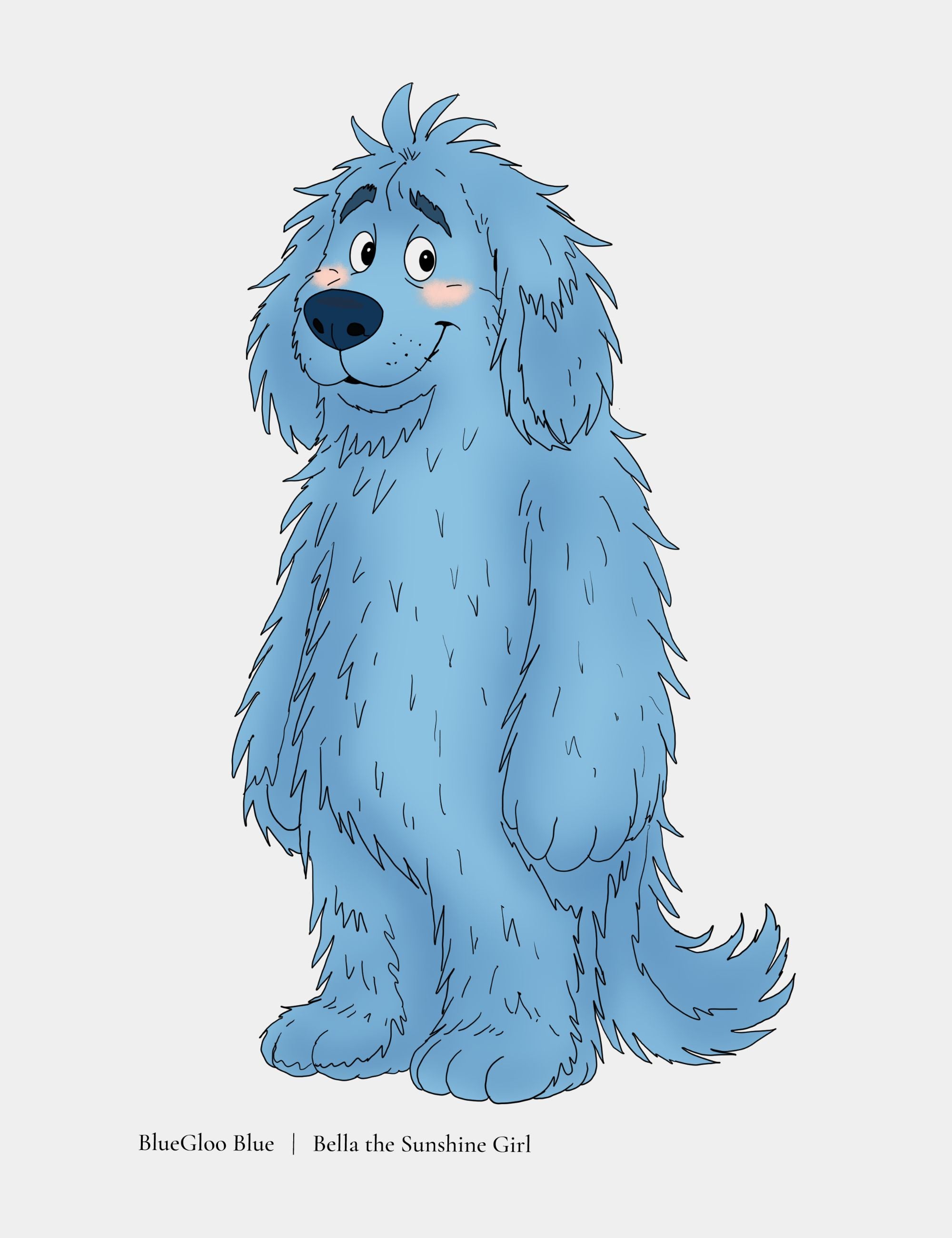 Blue fluffy character with a happy expression on a white background