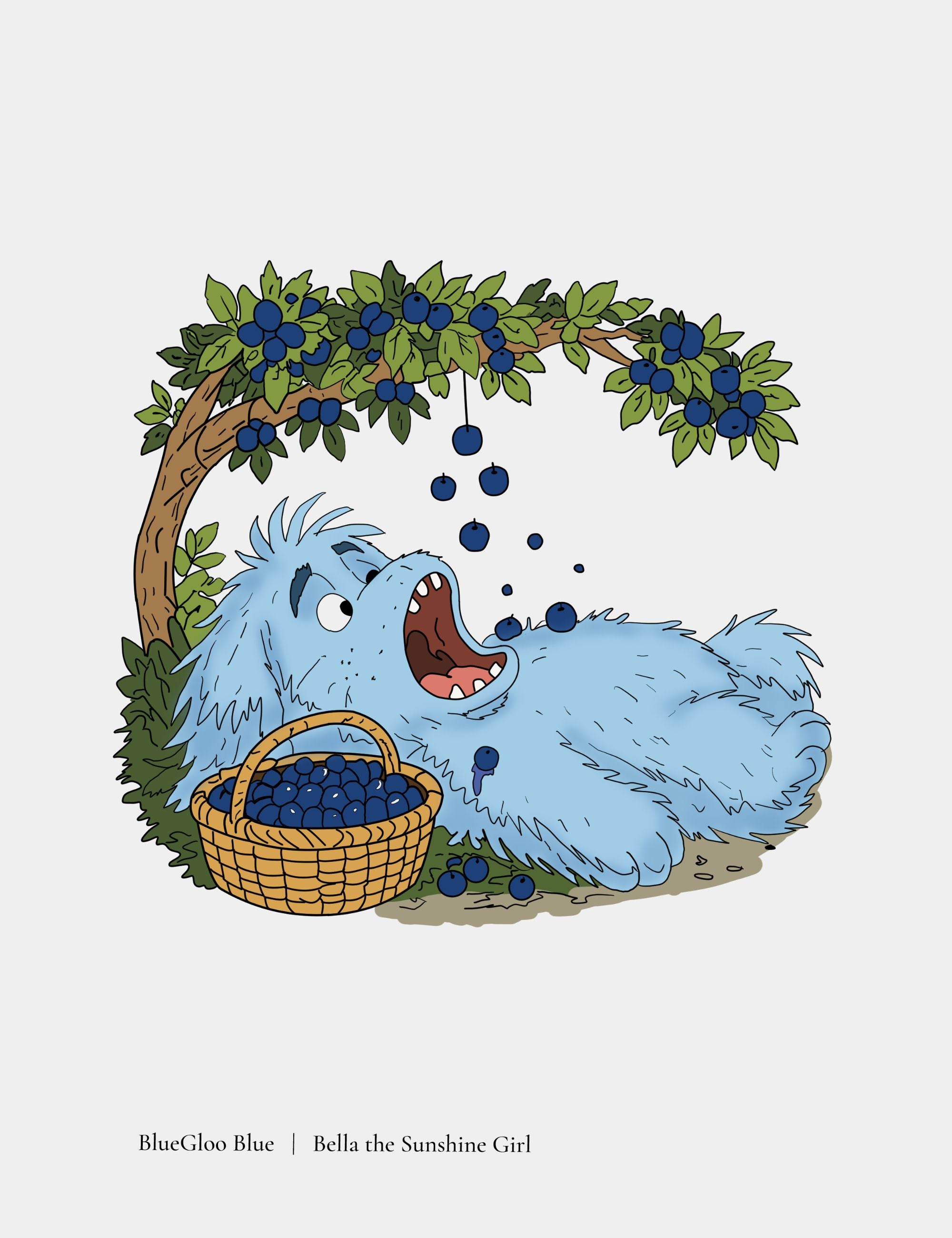Cartoon blue creature with a basket of blueberries and a branch with berries on a light gray background.
