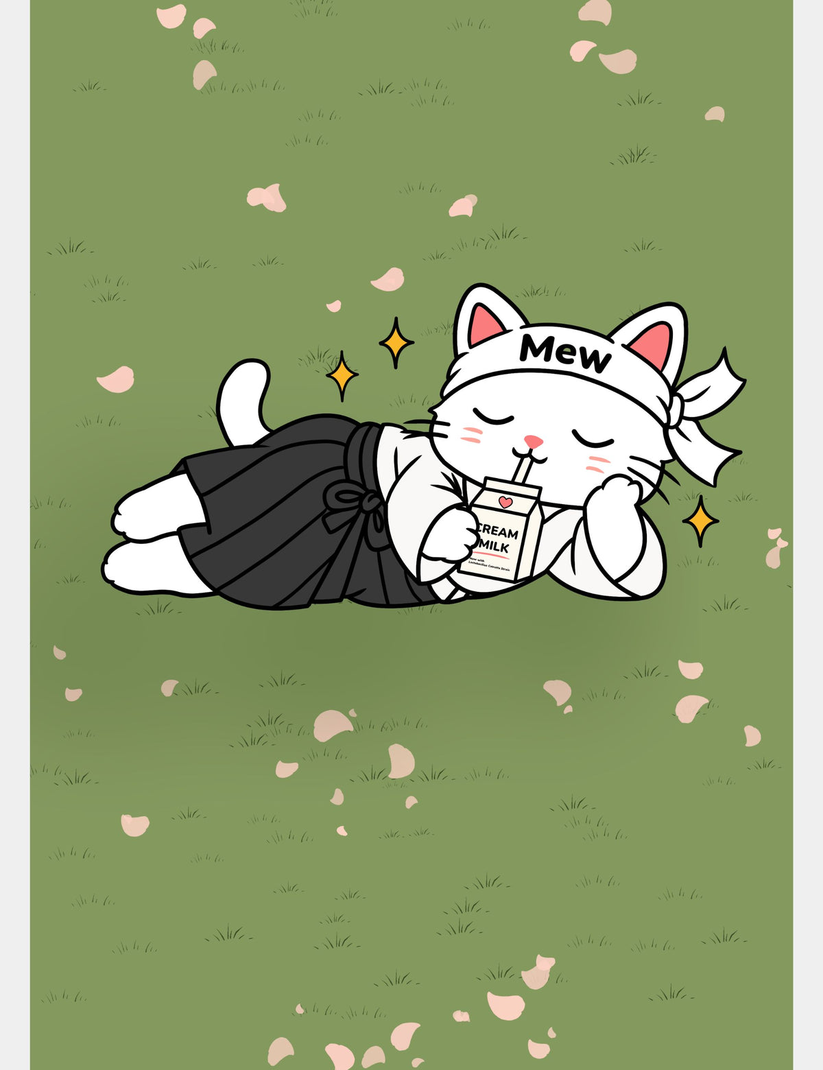 Mew from Mewmiwmiw Takes Back the World relaxing on the grass in Maomao Country, wearing her martial arts outfit and drinking cream milk among falling autumn petals.