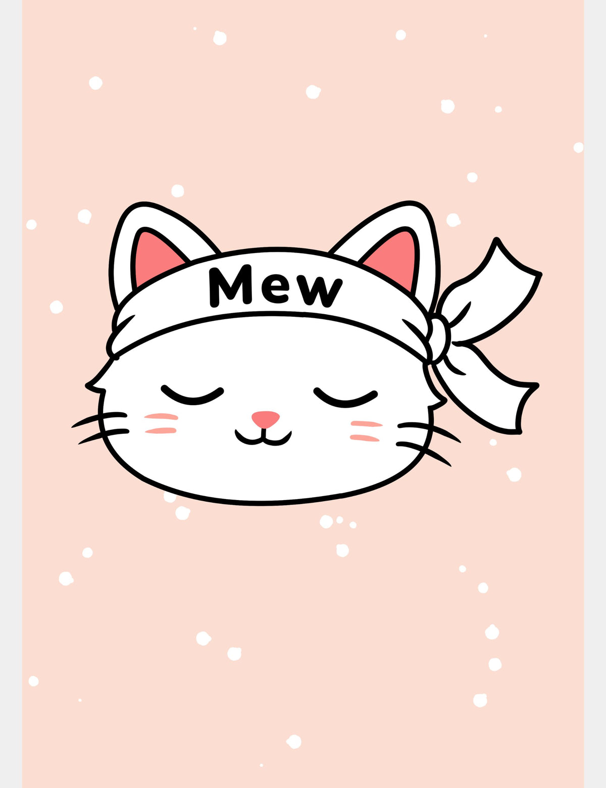 Mew from Mewmiwmiw Takes Back the World with her eyes closed, wearing her Mew headband against a soft pink background with falling white snow.