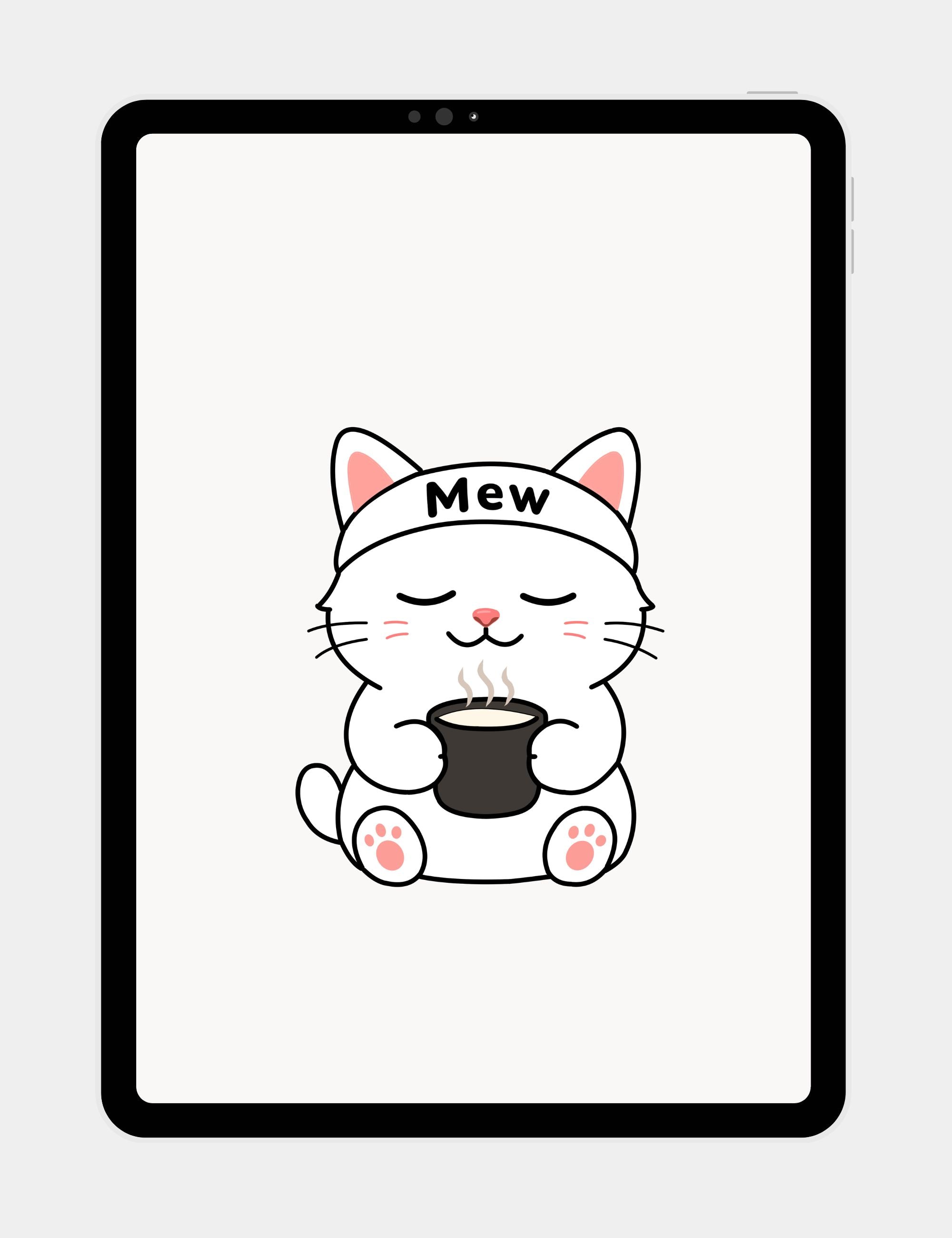 Minimalist cream tablet wallpaper featuring Mewmiwmiw holding warm milk in a calm cozy neutral aesthetic.