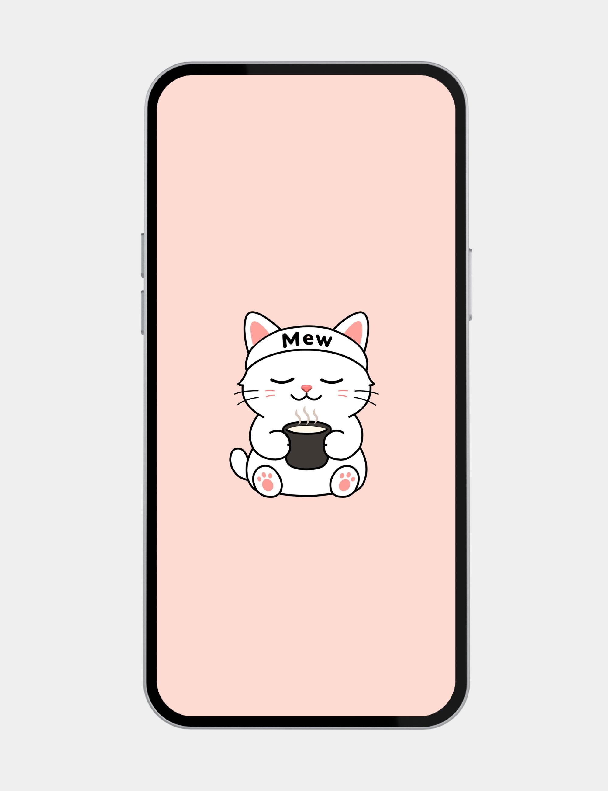 Soft pink mobile wallpaper featuring Mewmiwmiw peacefully holding a warm cup of milk with cozy minimalist aesthetics.