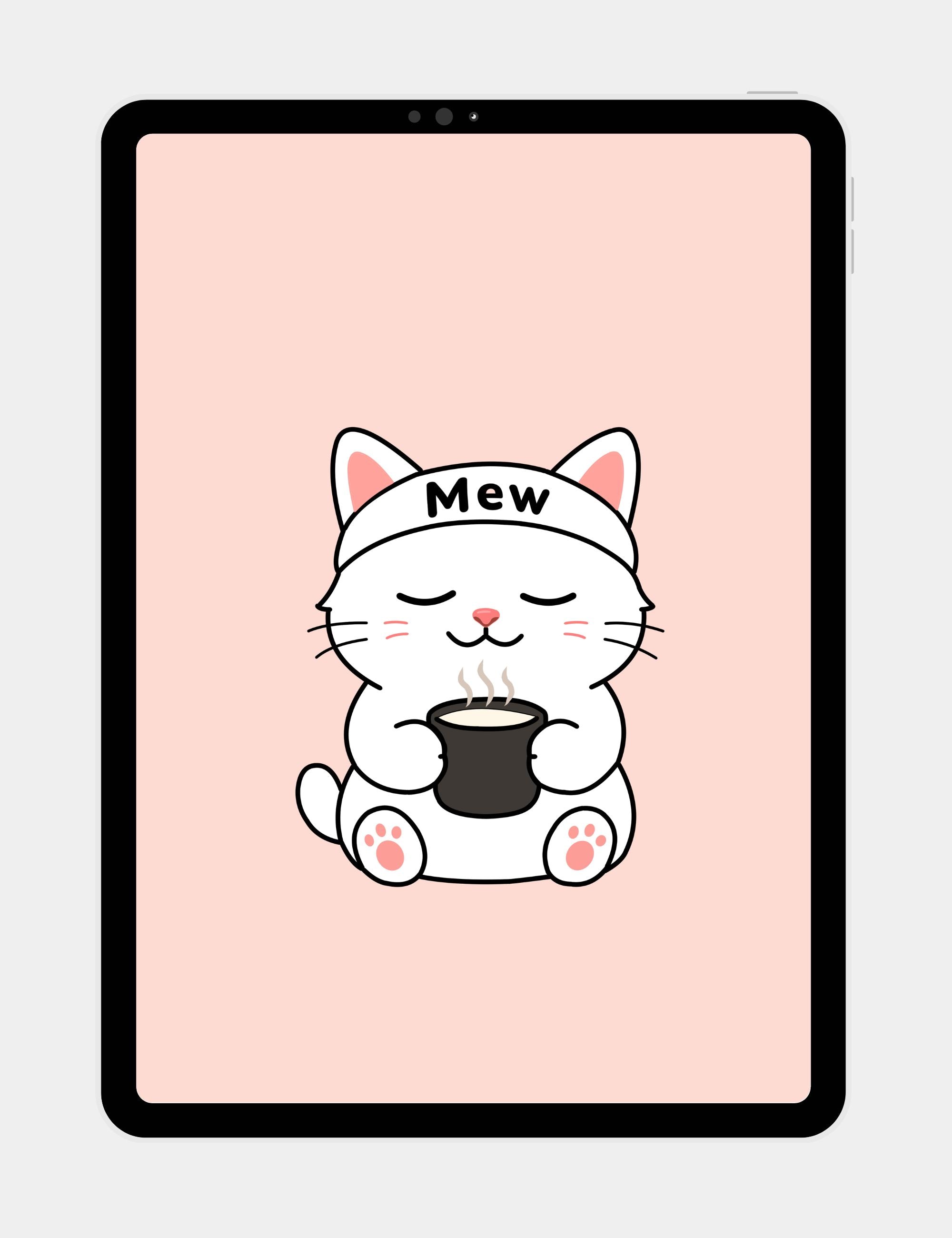 Minimalist pink tablet wallpaper featuring Mewmiwmiw holding warm milk with cozy soft pastel aesthetics.