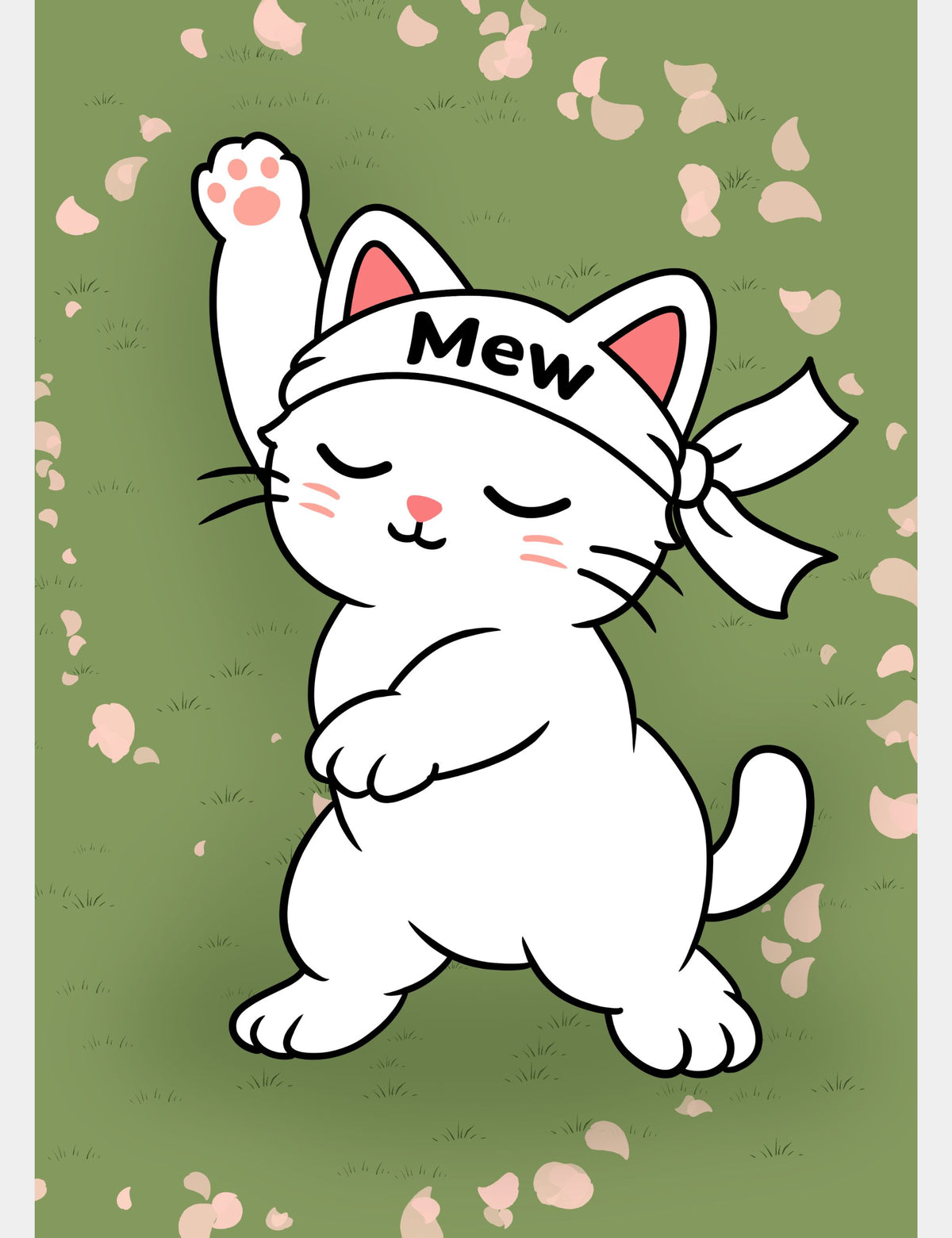 Mewmiwmiw Cato practicing martial arts on green grass with one leg raised and pink flower petals falling around her, wearing her white Mew headband.
