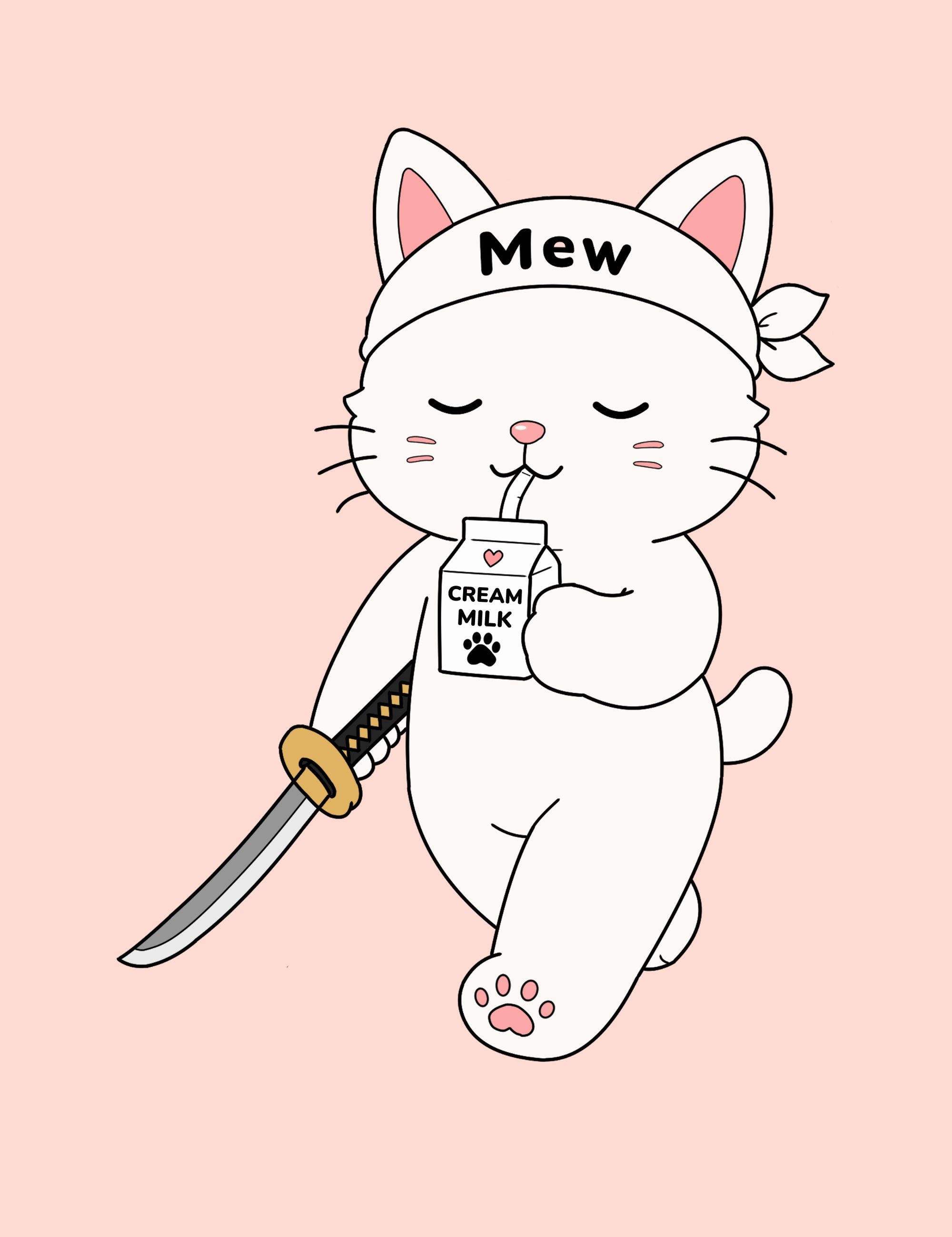 Minimal cherry blossom pink poster featuring Mewmiwmiw calmly walking with a katana while drinking cream milk inside the world of Metro Mao.