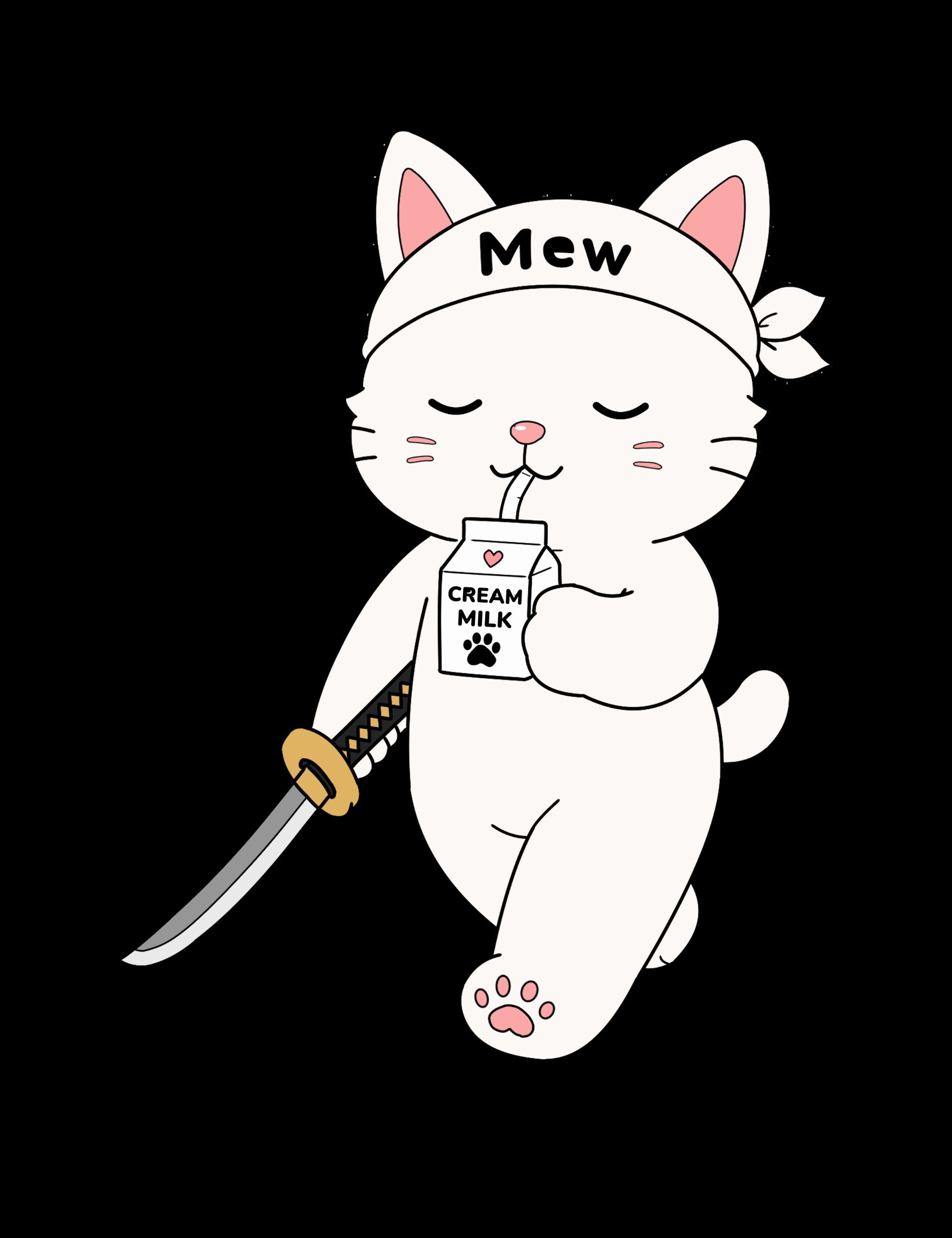 Minimal black poster featuring Mewmiwmiw calmly walking with a katana while drinking cream milk inside the world of Metro Mao.