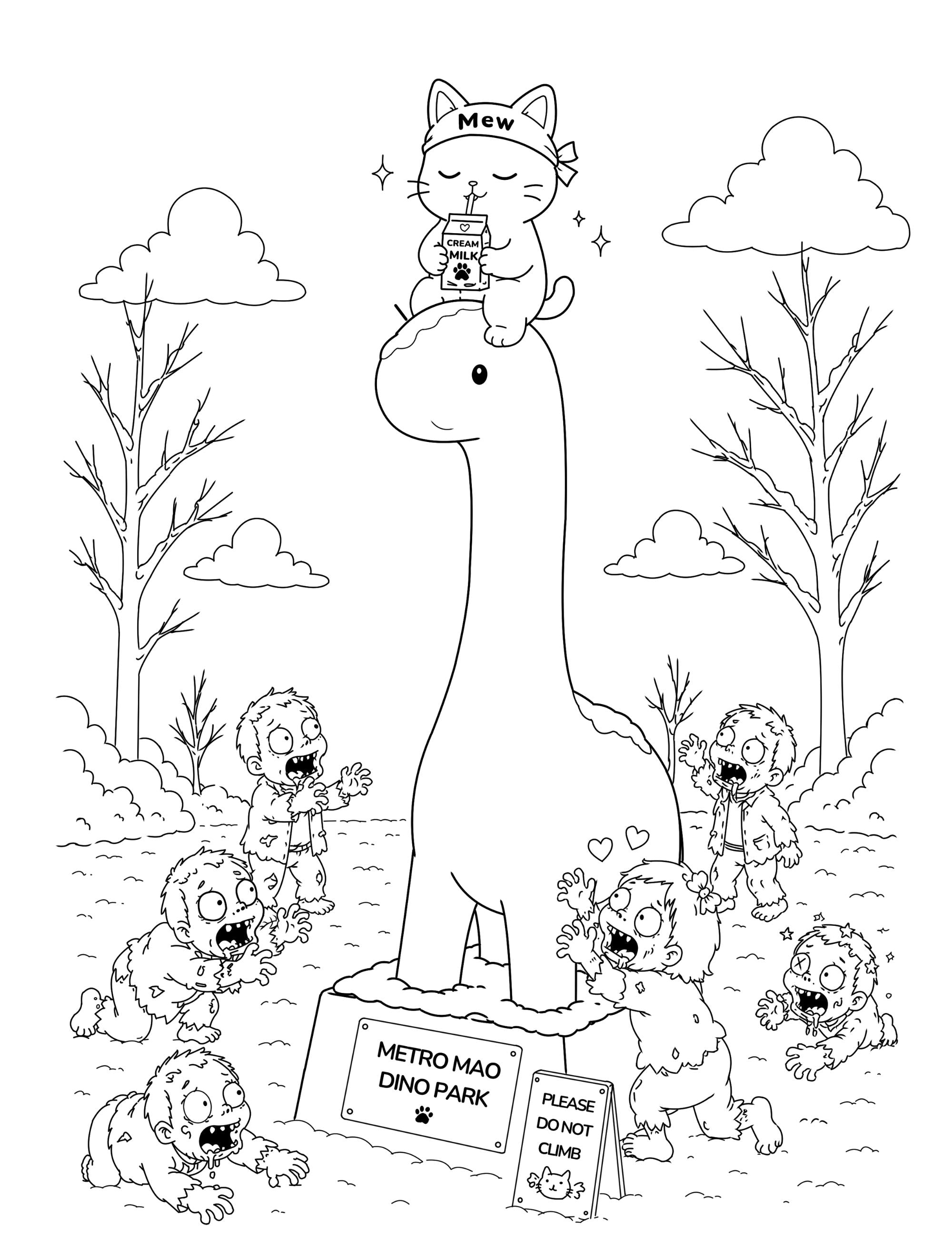 Cute printable Mewmiwmiw coloring page featuring Mew drinking cream milk while sitting on a giant dinosaur statue at Metro Mao Dino Park surrounded by playful zombies.