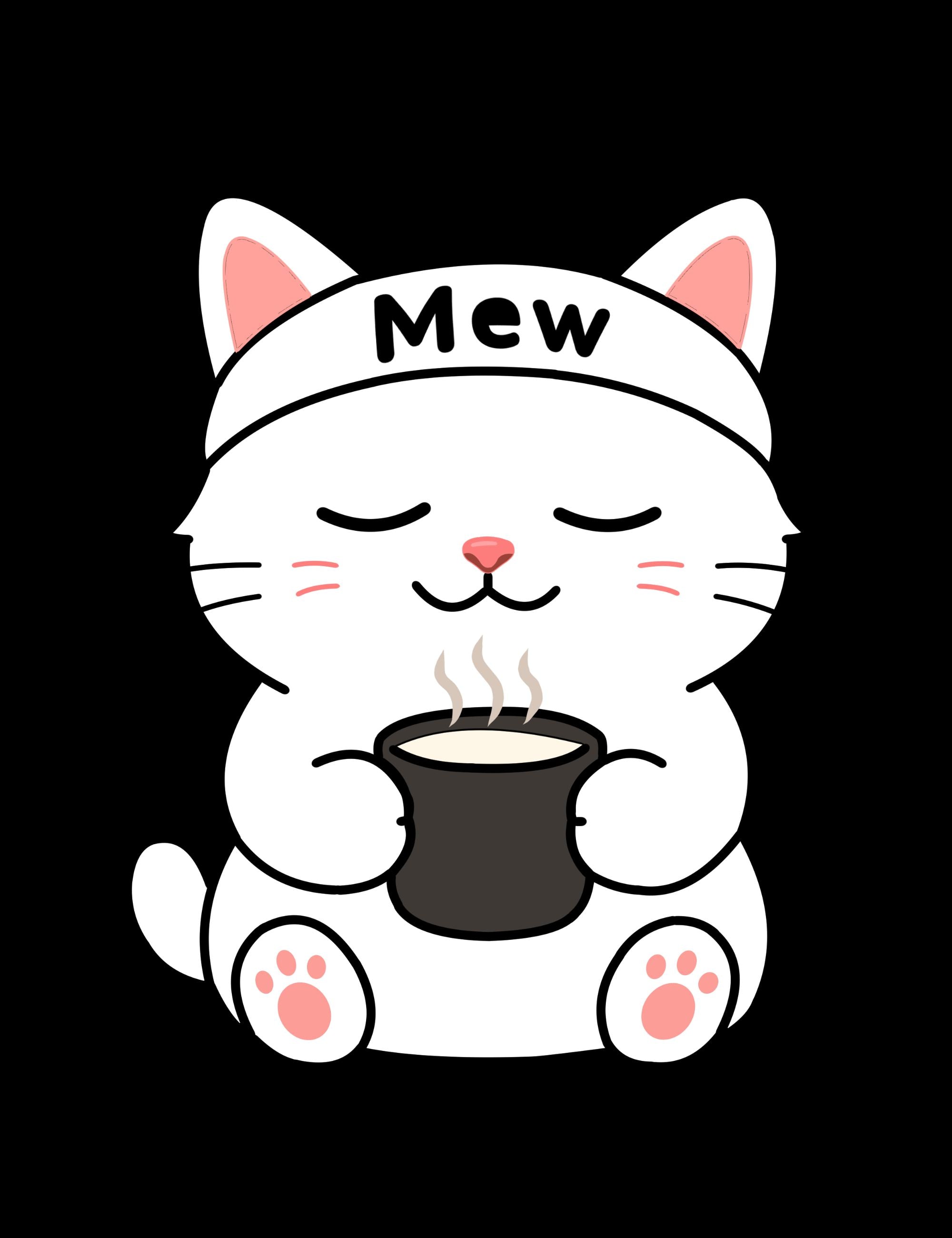 Minimal black poster featuring Mewmiwmiw peacefully holding a steaming cup of hot milk while wearing a white headband inside the world of Metro Mao.