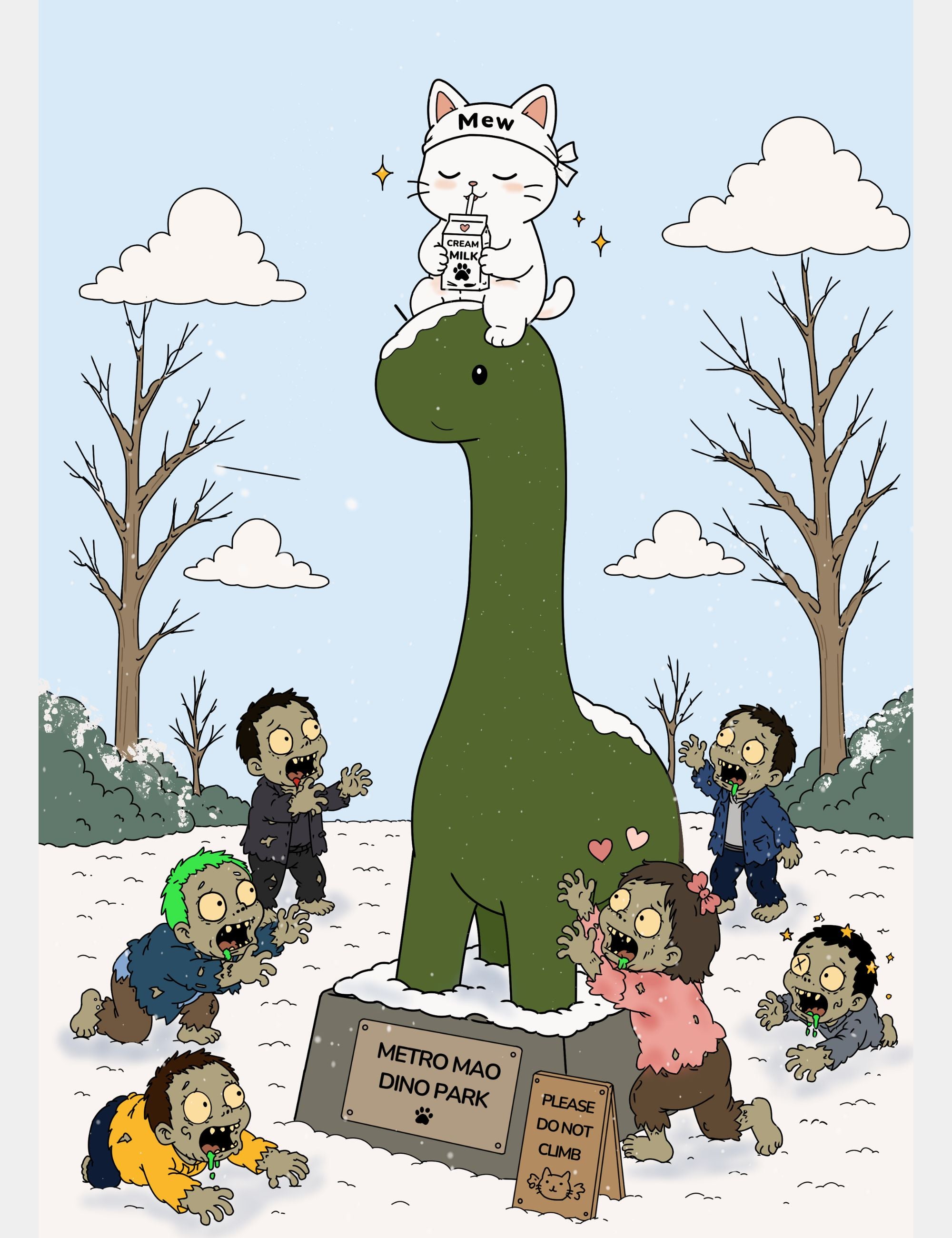 Mewmiwmiw sits atop the giant Metro Mao Dino Park statue while drinking cream milk as silly zombies wander through a snowy winter park below.
