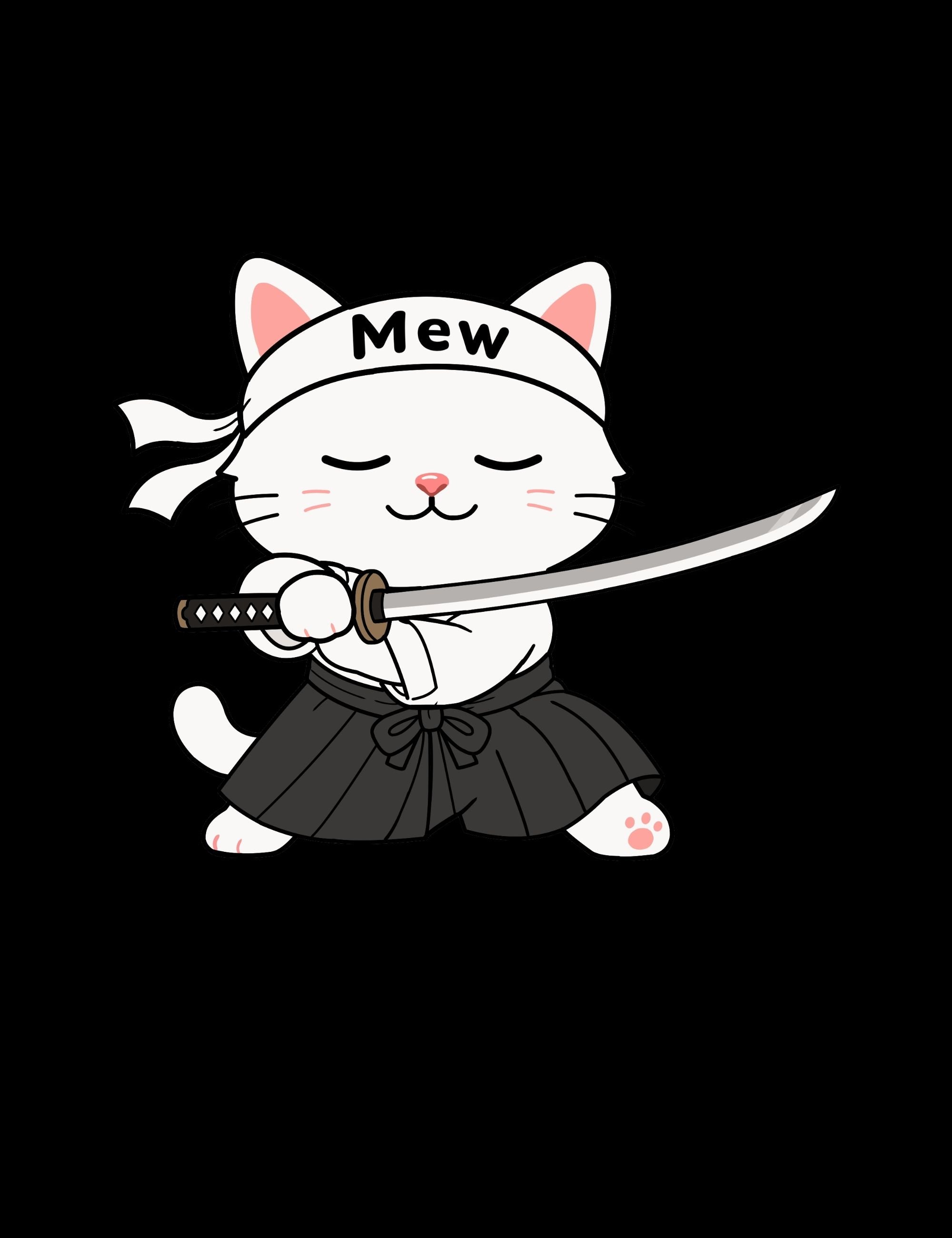 Minimal black poster featuring Mewmiwmiw holding a katana while wearing traditional combat clothing against a dark background inside the world of Metro Mao.