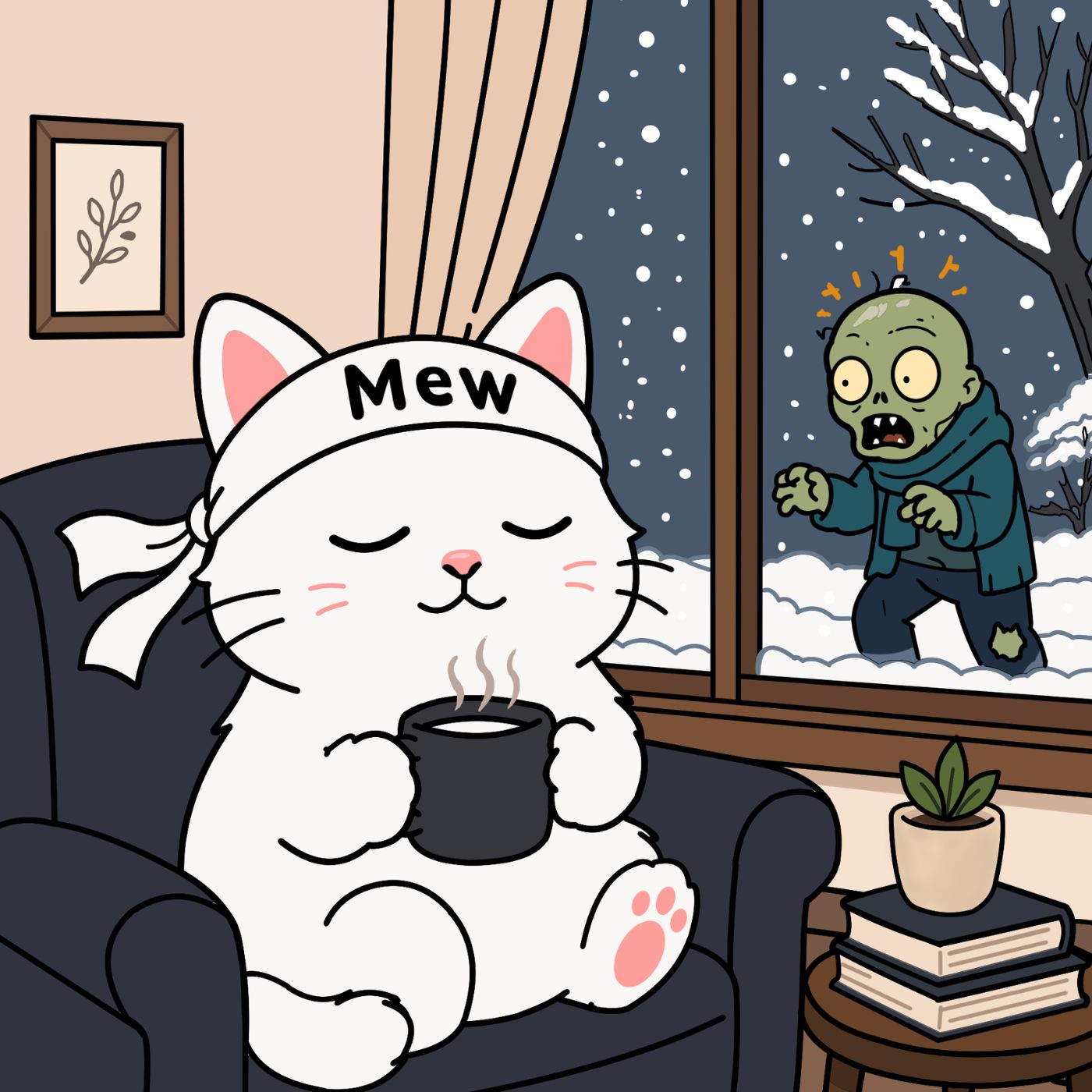 Mewmiwmiw, a calm white combat cat wearing a headband labeled “Mew,” sits in a cozy armchair holding a steaming cup while snow falls outside. Beyond the window, a confused zombie struggles through the winter night as Mew peacefully enjoys the warmth indoors. Official story world cover for Mewmiwmiw Takes Back the World.