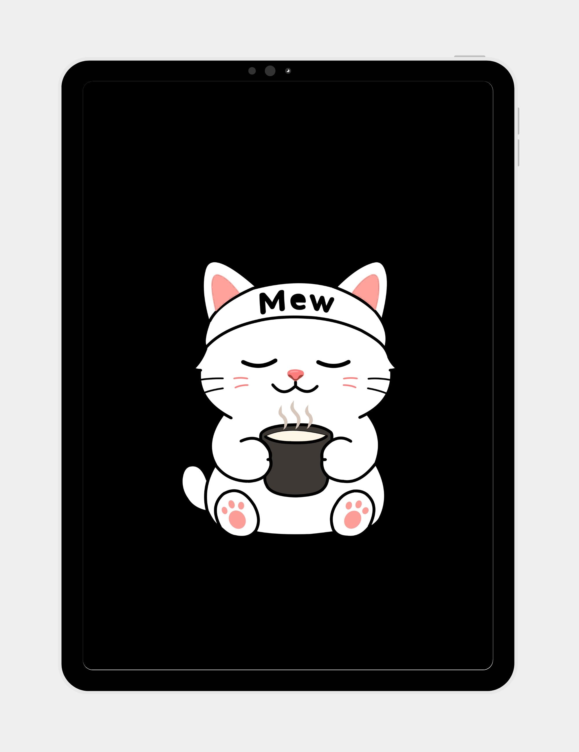Minimalist tablet wallpaper of Mewmiwmiw holding warm milk on a black background with calm cozy nighttime aesthetics.