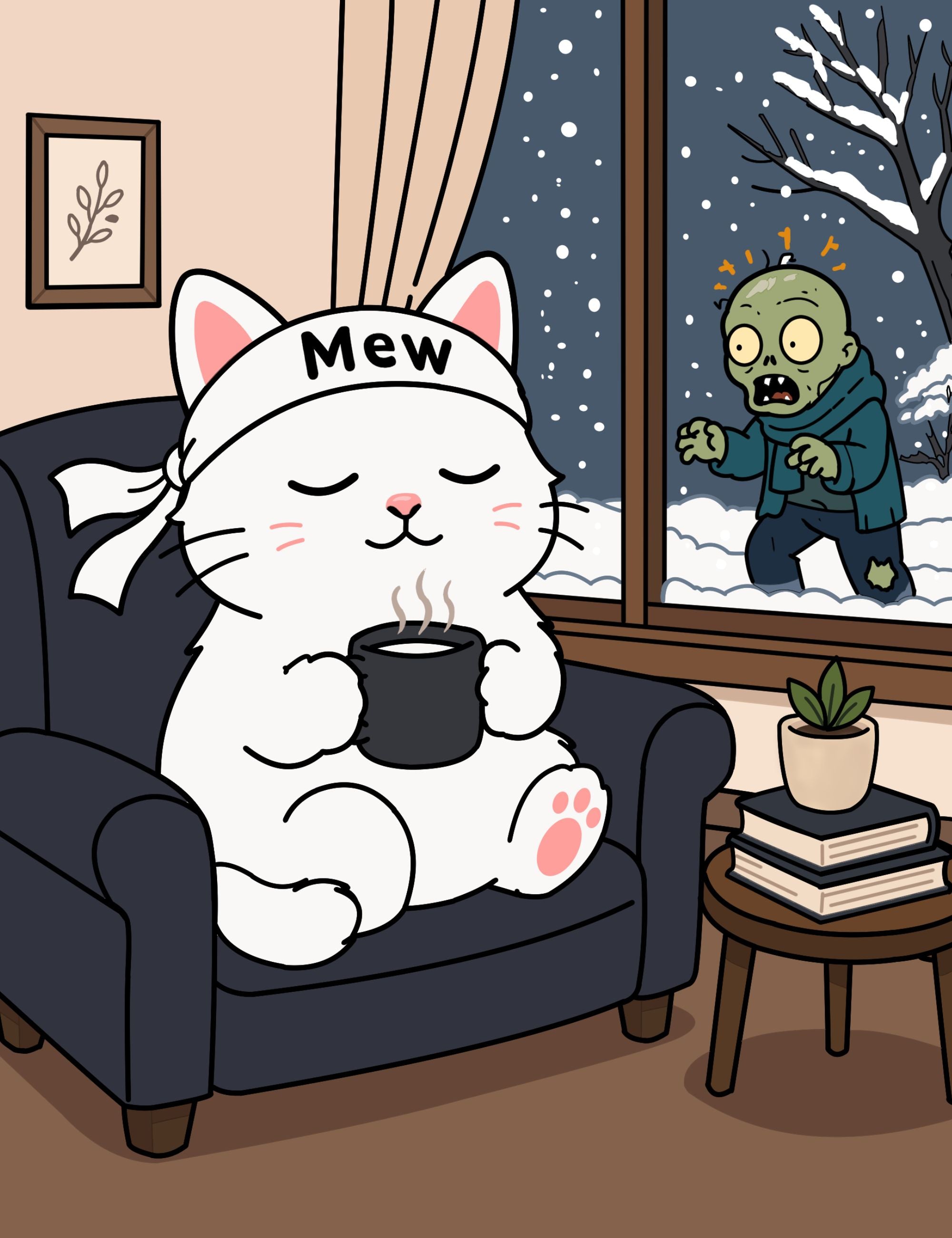 Cozy winter poster featuring Mewmiwmiw drinking warm milk indoors while a confused zombie stands outside a snowy Metro Mao window.