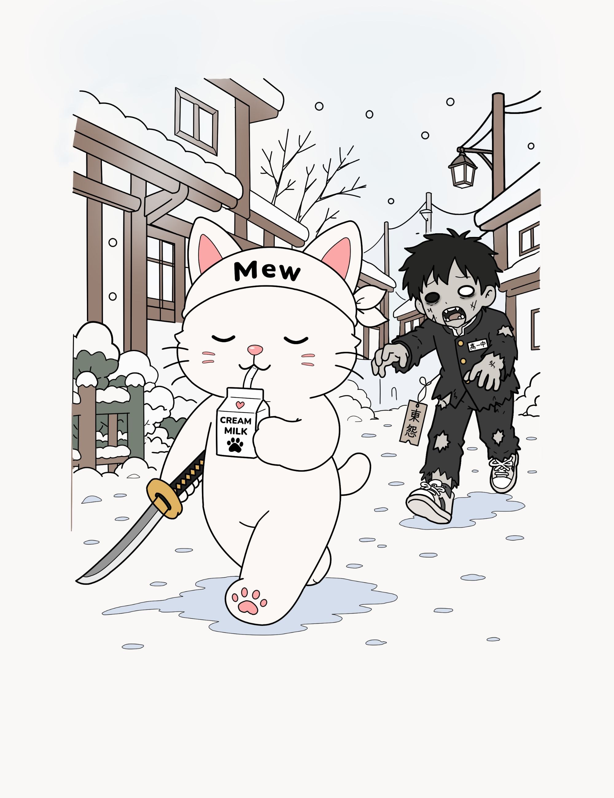Minimal winter poster featuring Mewmiwmiw calmly drinking cream milk while walking through a snowy Metro Mao district as a zombie student follows behind.