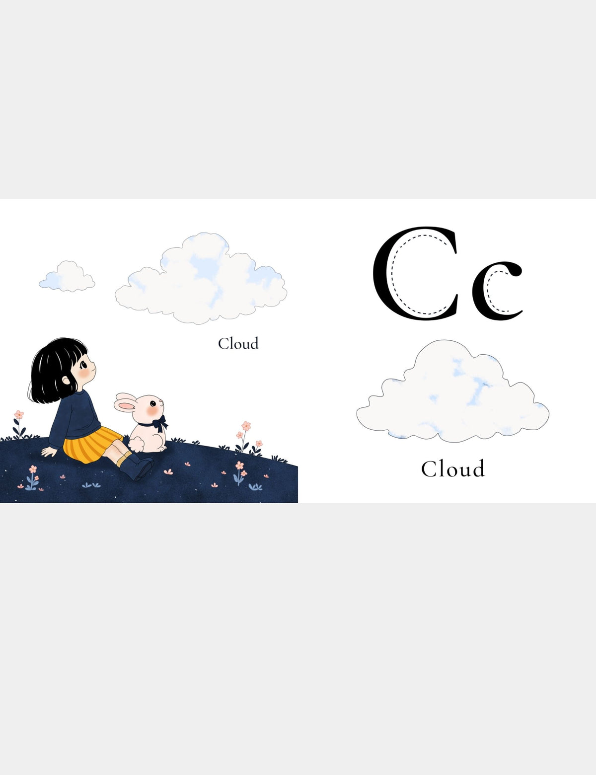 Letter C for Cloud page from the Bella the Sunshine Girl ABC book by Casey Huang and Still Poetry House, showing Bella and Bun looking up at soft clouds with uppercase C and lowercase c tracing letters for early alphabet learning.