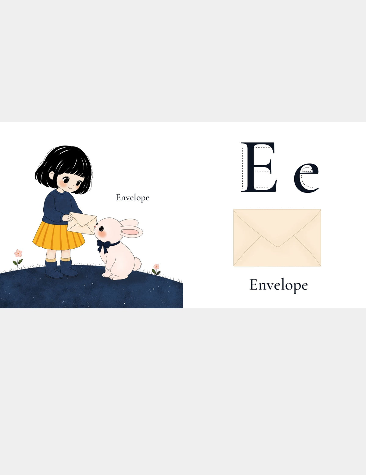 Letter E for Envelope page from the Bella the Sunshine Girl ABC book by Casey Huang and Still Poetry House, showing Bella holding an envelope for Bun, with uppercase E and lowercase e tracing letters for early alphabet and first-word learning.