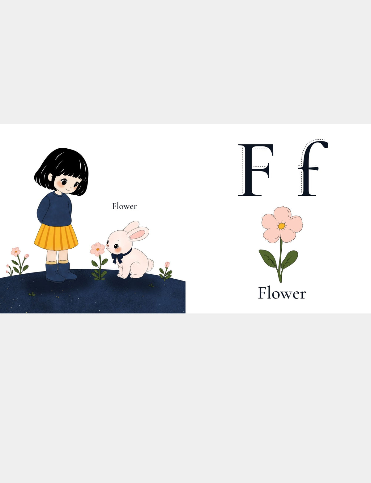 Letter F for Flower page from the Bella the Sunshine Girl ABC book by Casey Huang and Still Poetry House, showing Bella and Bun looking at a pink flower with uppercase F and lowercase f tracing letters for early alphabet learning.