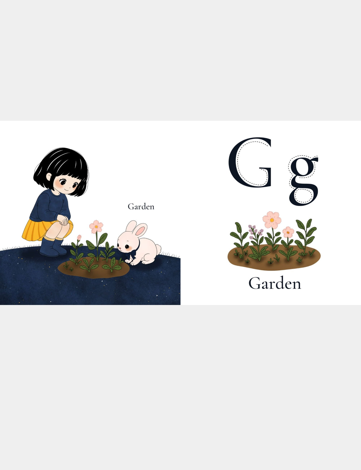Letter G for Garden page from the Bella the Sunshine Girl ABC book by Casey Huang and Still Poetry House, showing Bella and Bun beside a small flower garden with uppercase G and lowercase g tracing letters for early alphabet learning.