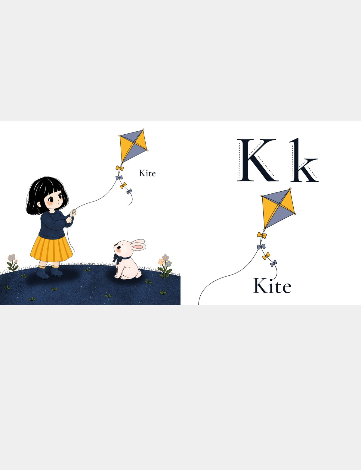 Letter K for Kite page from the Bella the Sunshine Girl ABC book by Casey Huang and Still Poetry House, showing Bella flying a yellow and blue kite while Bun watches, with uppercase K and lowercase k tracing letters for early alphabet learning.