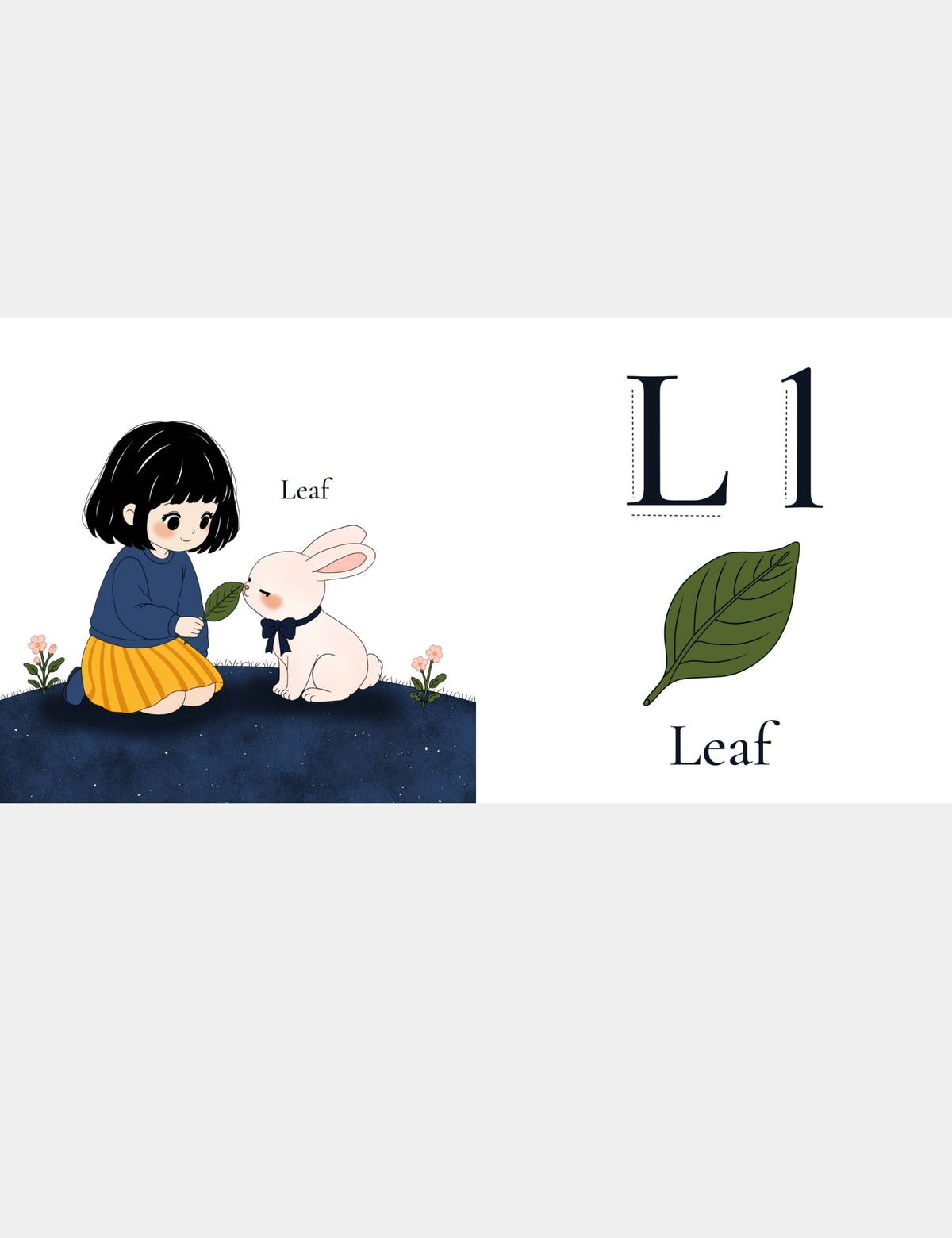 Letter L for Leaf page from the Bella the Sunshine Girl ABC book by Casey Huang and Still Poetry House, showing Bella holding a green leaf near Bun with uppercase L and lowercase l tracing letters for early alphabet learning.