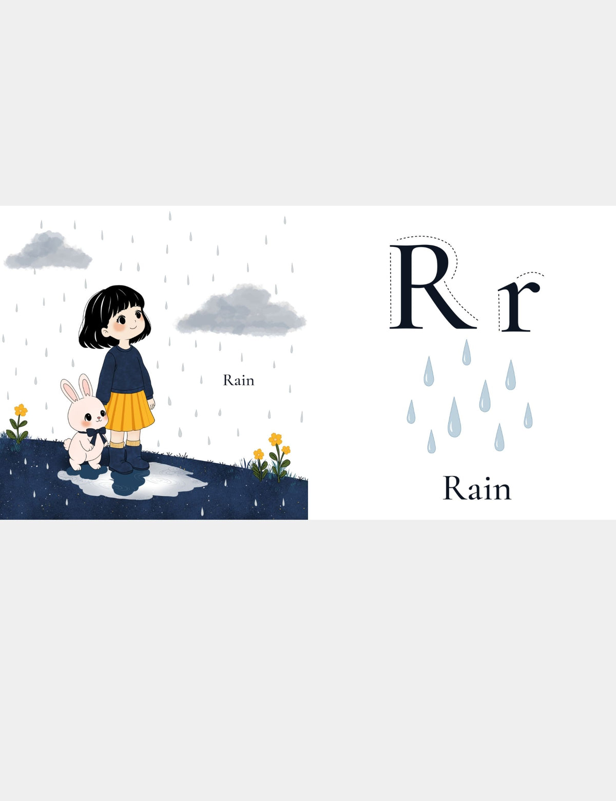 Letter R for Rain page from the Bella the Sunshine Girl ABC book by Casey Huang and Still Poetry House, showing Bella and Bun standing together in gentle rain with uppercase R and lowercase r tracing letters for early alphabet learning.