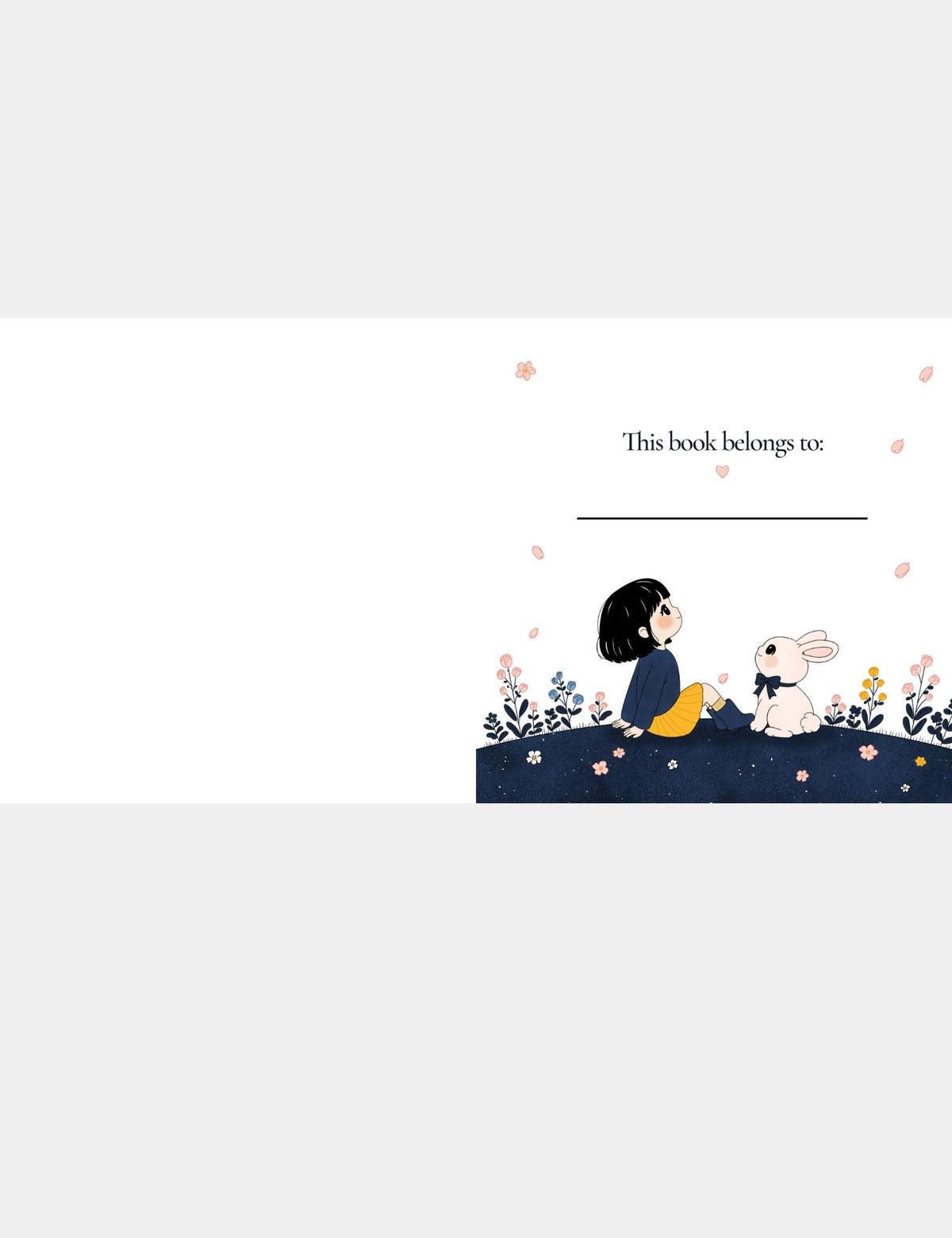 This Book Belongs To page from the Bella the Sunshine Girl ABC book by Casey Huang, published by Still Poetry House, featuring Bella and Bun sitting together among flowers with a space for a child to write their name.
