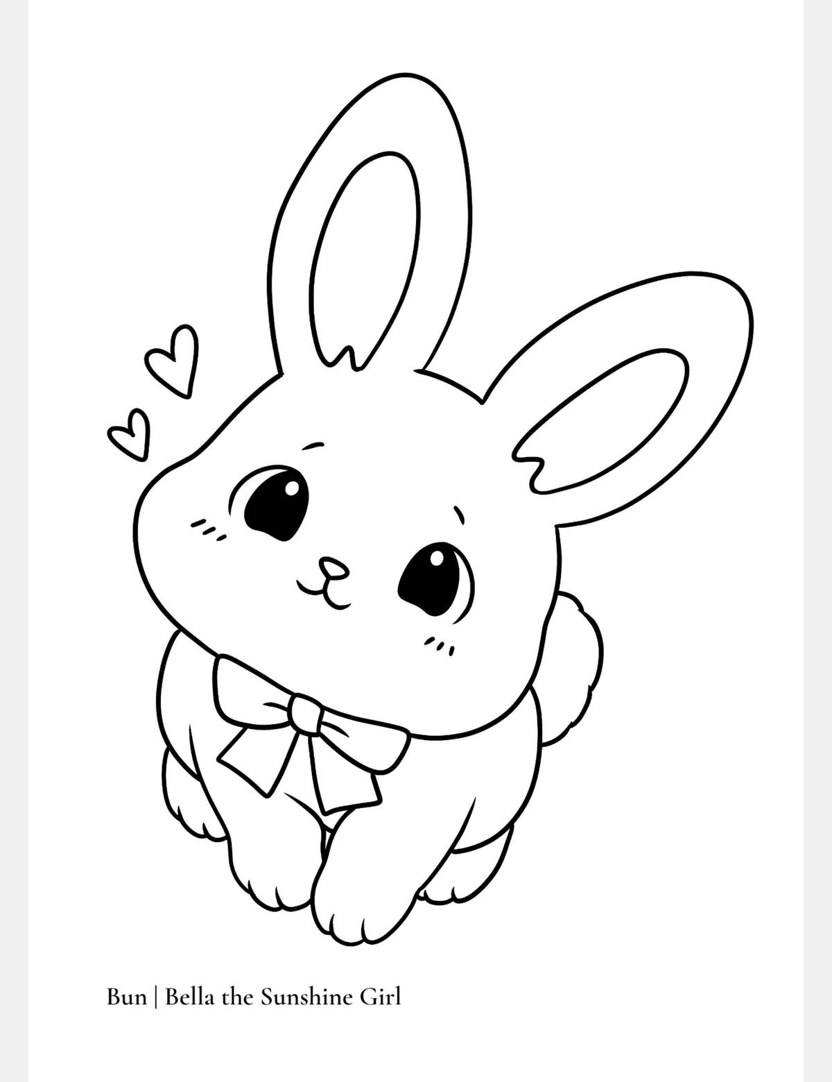 Free Sweet Bun bunny coloring page from Bella the Sunshine Girl featuring Bun with a tilted head, gentle expression, signature bow, and little hearts.