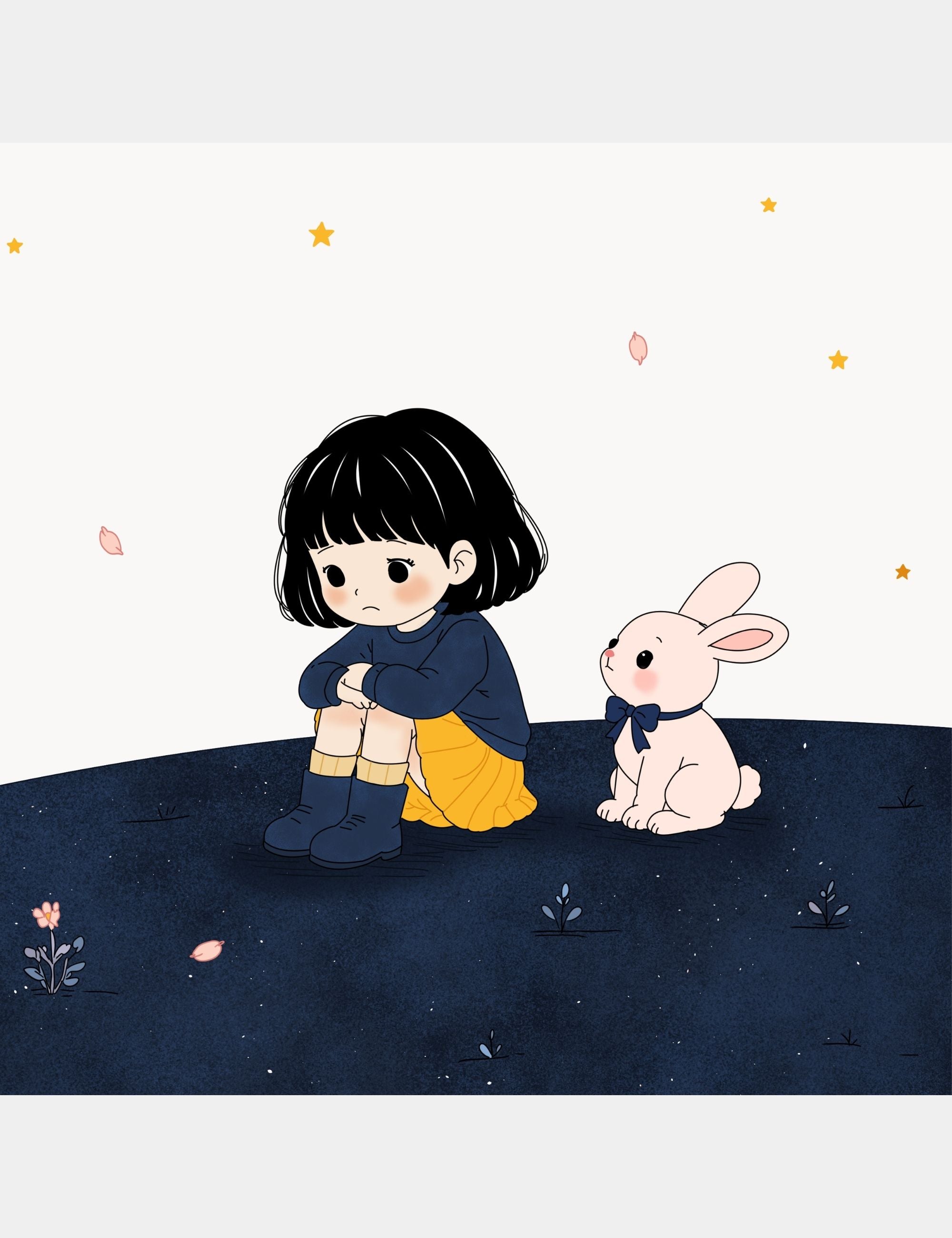 Illustration preview from Bella the Sunshine Girl showing Bella sitting sadly beside Bun the bunny on the dark blue hills of Big Blue beneath soft stars and drifting petals.
