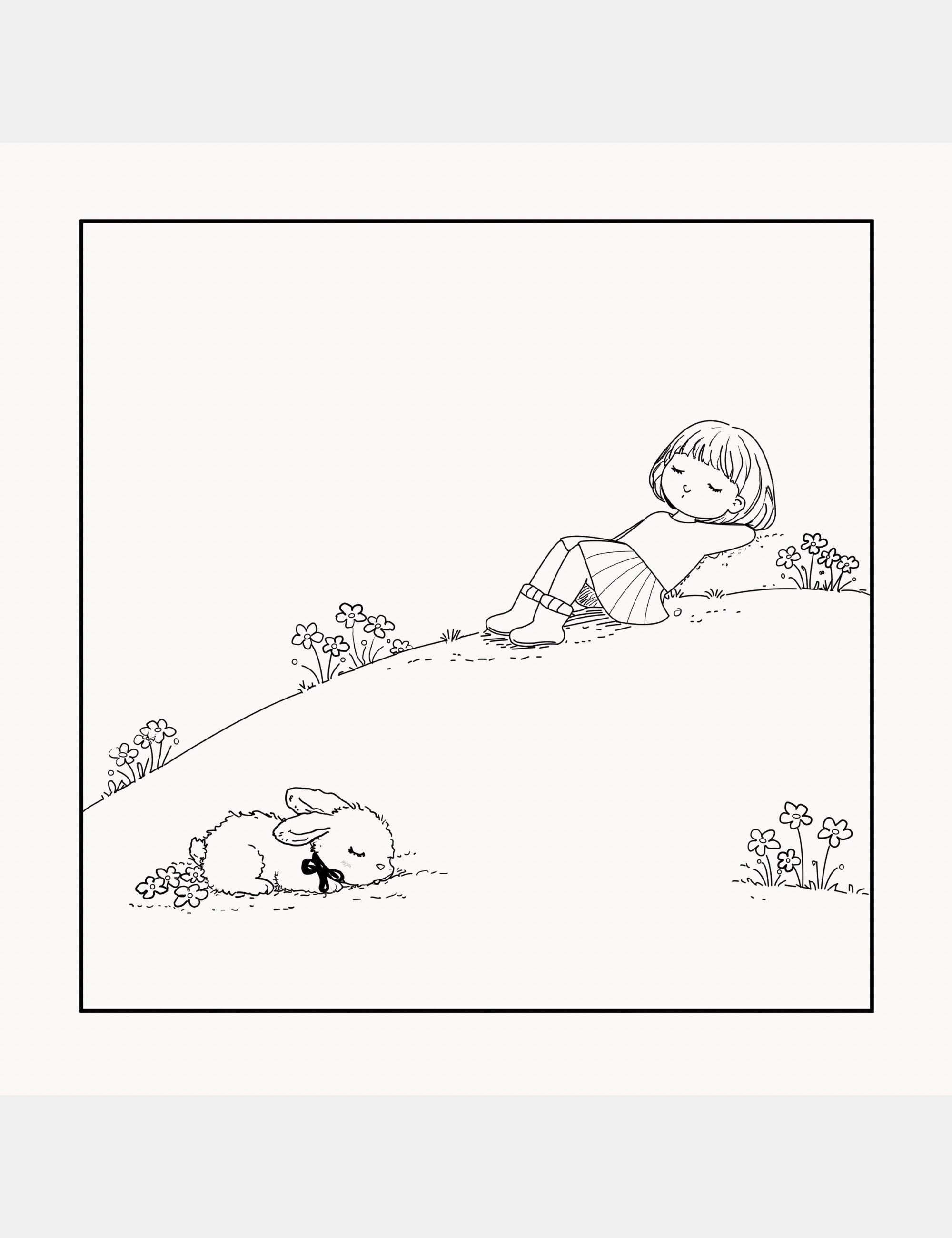 Peaceful coloring book page from Bella the Sunshine Girl featuring Bella resting on a grassy hill while Bun sleeps nearby surrounded by small flowers and gentle open space.