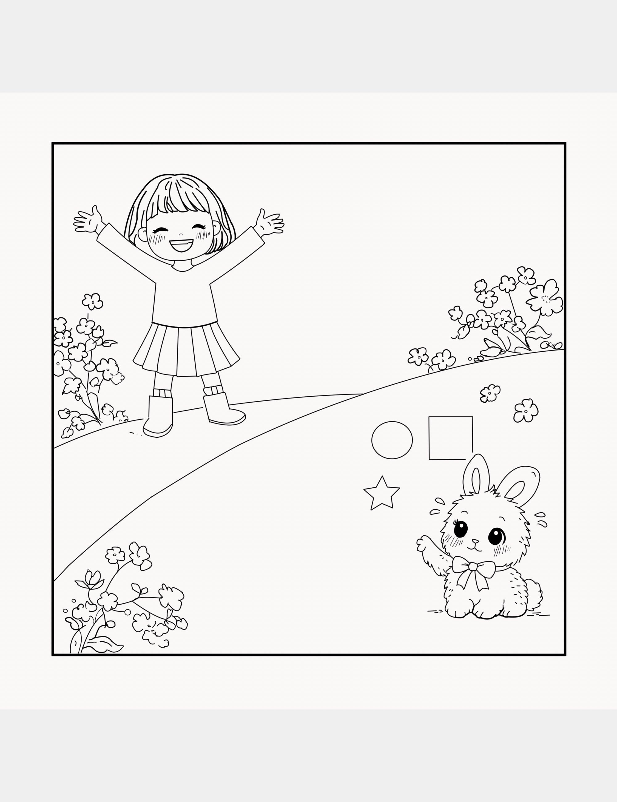 Interactive coloring page from Bella the Sunshine Girl featuring Bella smiling with open arms while Bun learns simple shapes like circles, squares, and stars in a gentle outdoor setting.