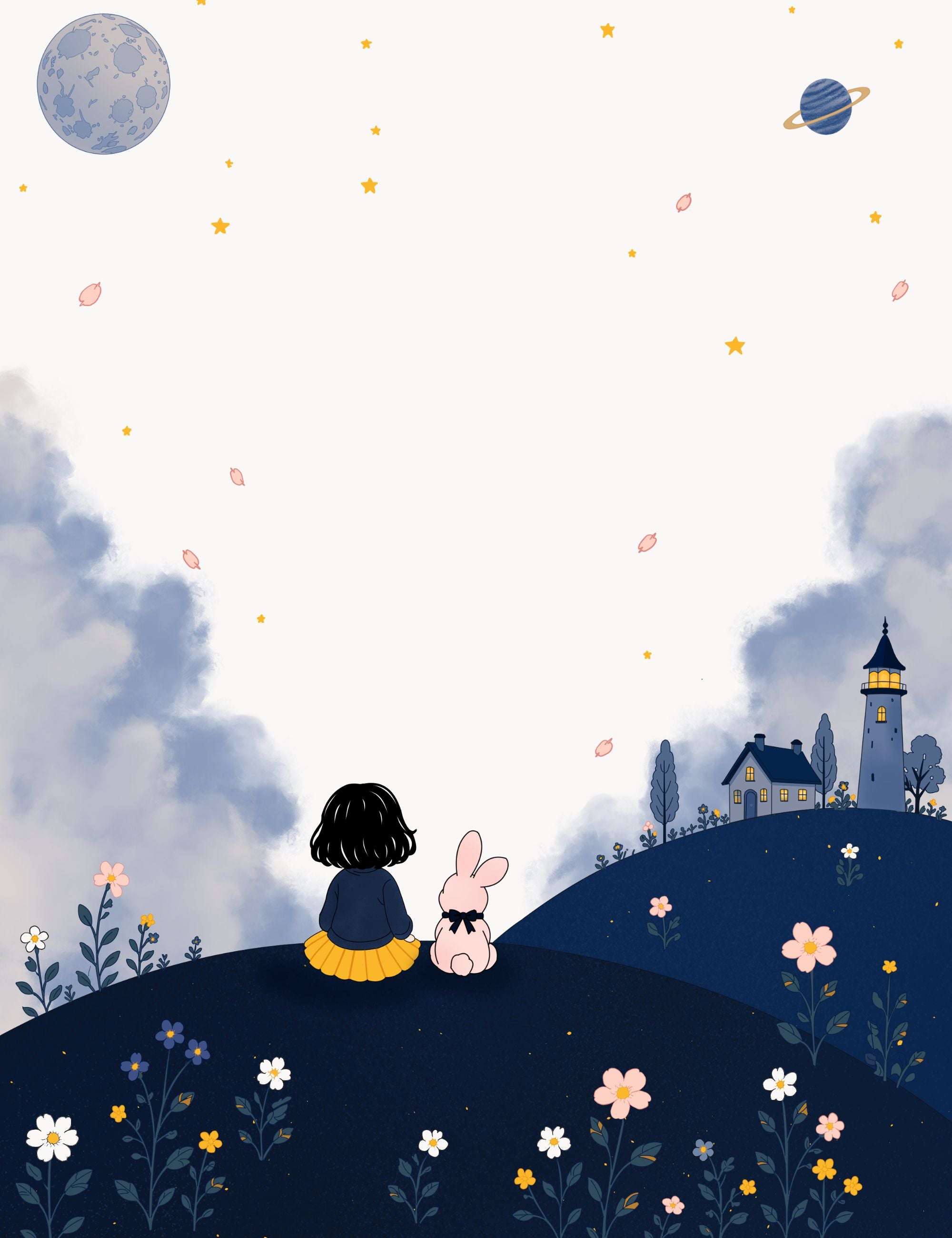 Bella and Bun sitting together on a flower-covered hill beneath stars, planets, and a moon while looking toward a distant lighthouse in a whimsical storybook landscape.