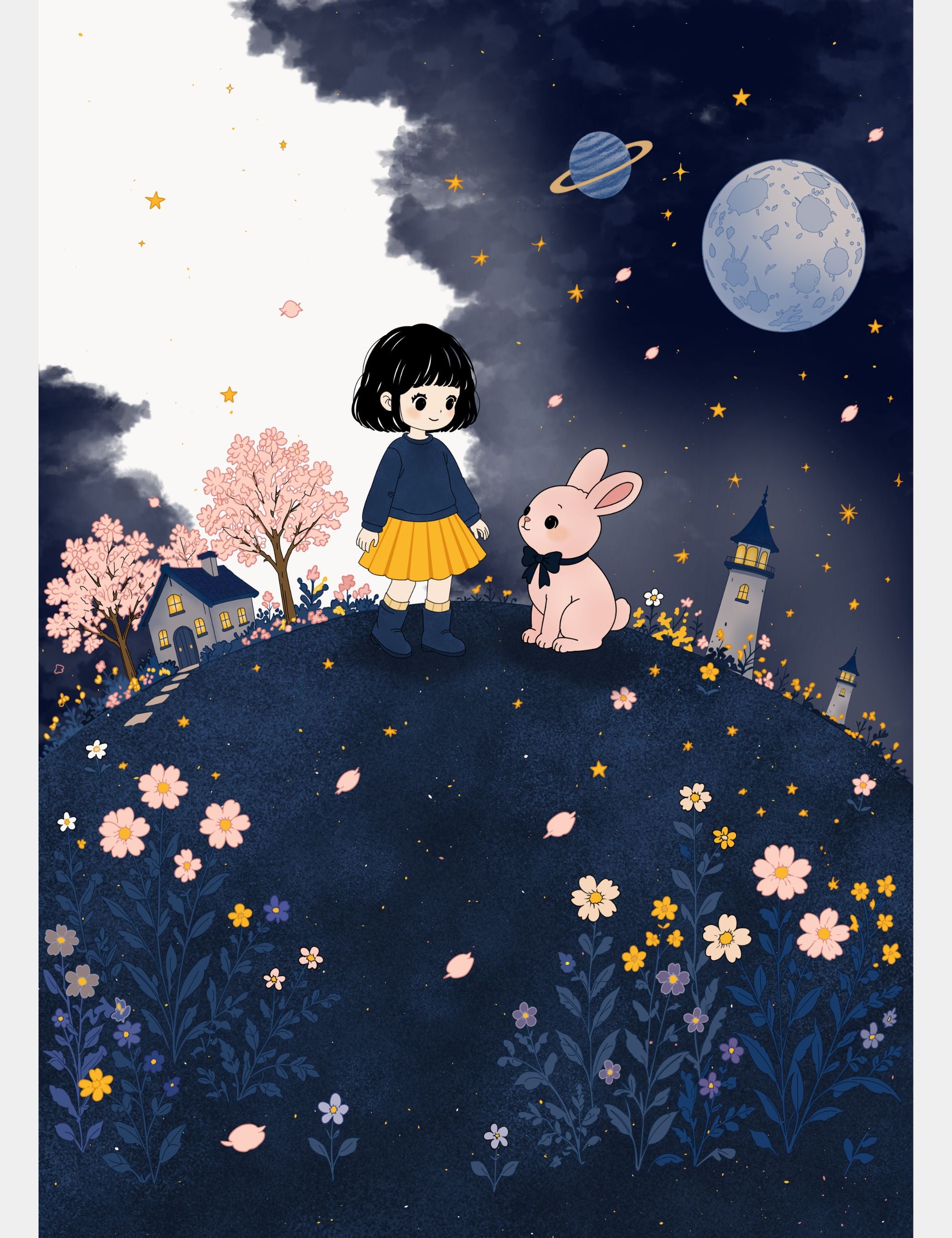 Bella and Bun stand together on a flower-covered hill beneath the moon, stars, and distant lighthouses in the whimsical world of Big Blue.