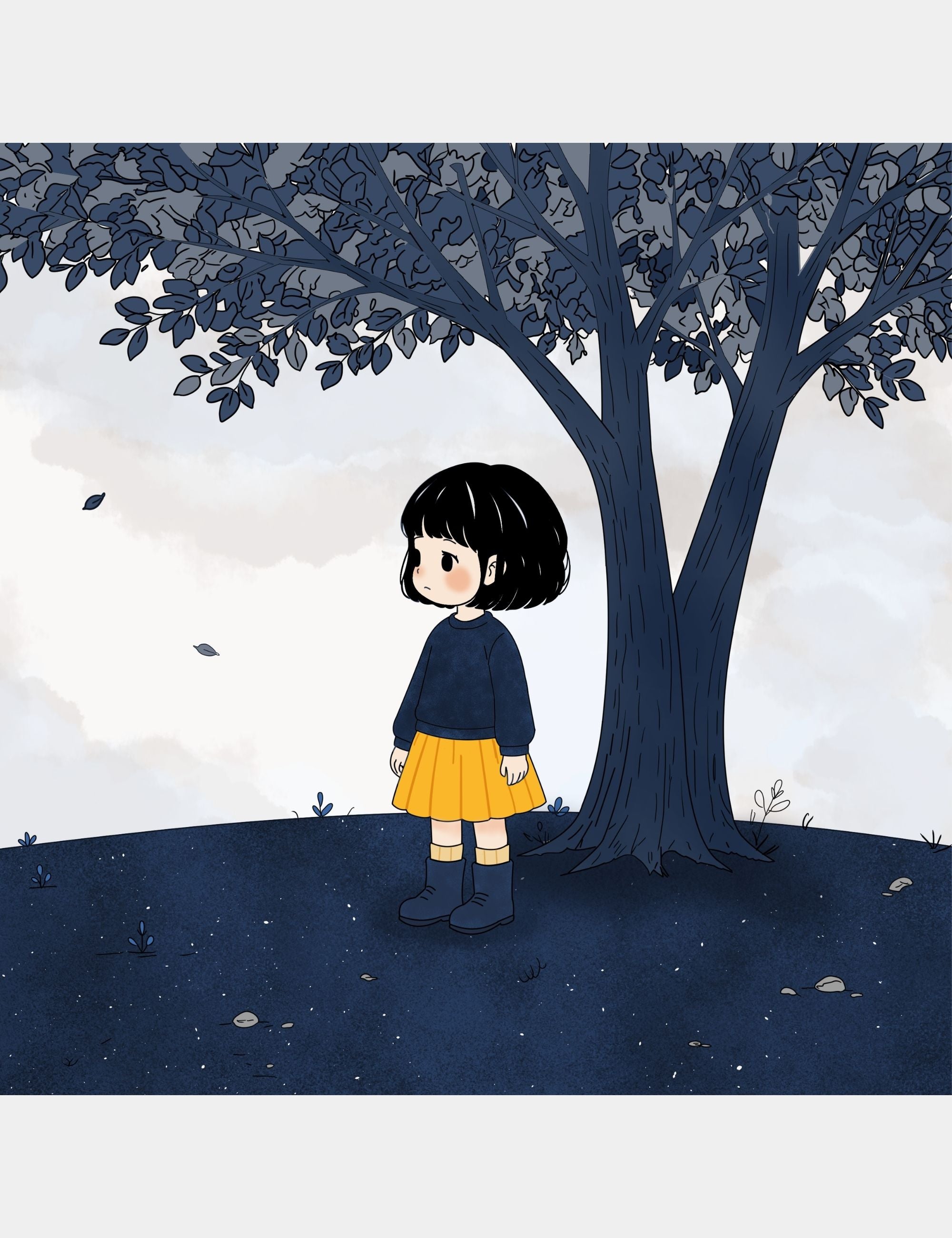 Illustration preview from Bella the Sunshine Girl showing Bella standing quietly beneath dark blue trees on a soft gray morning across the silent hills of Big Blue.