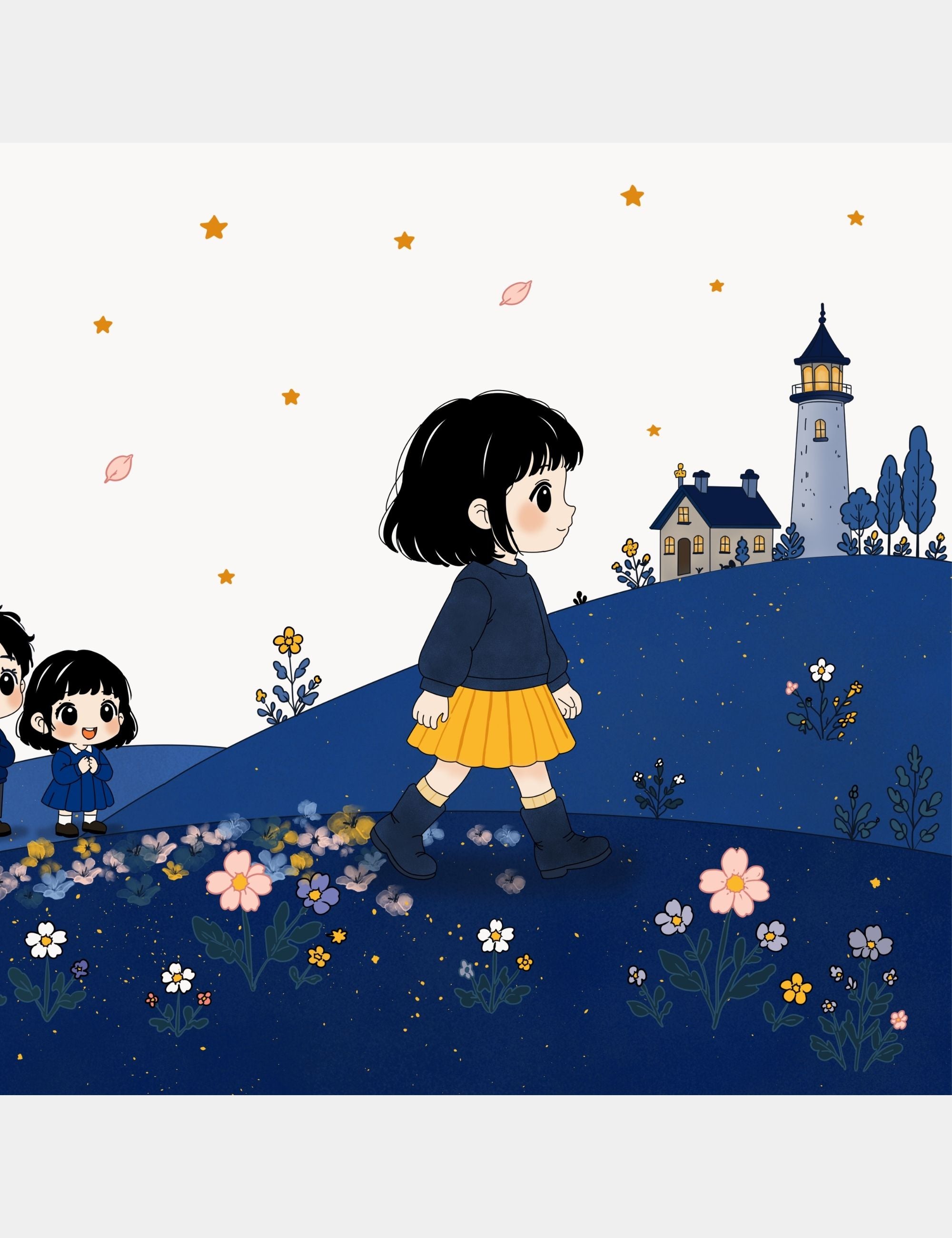 Preview illustration from Bella the Sunshine Girl showing Bella walking across the blue hills of Big Blue while colorful Flower Trails bloom behind her footsteps and children quietly follow.