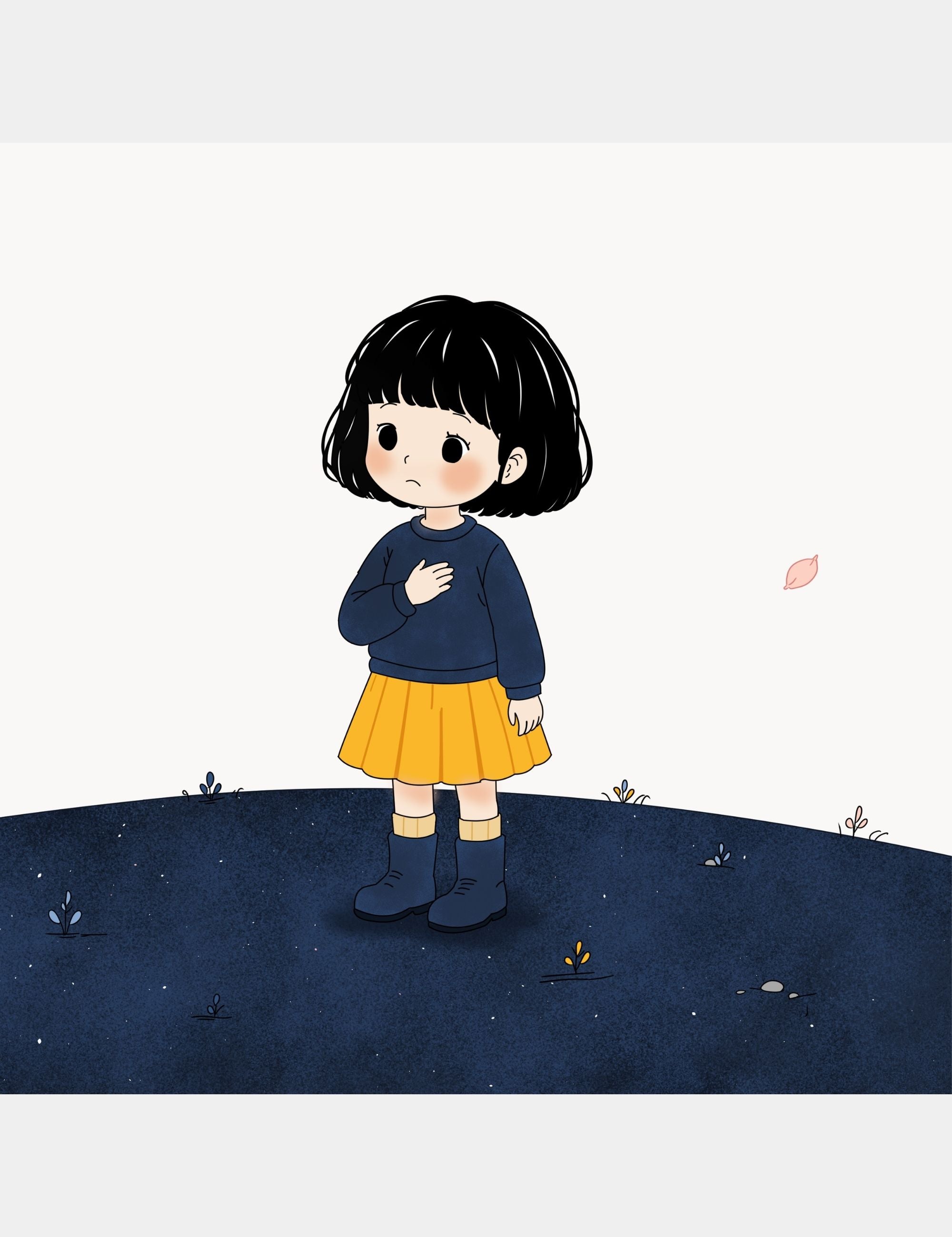  Illustration preview from Bella the Sunshine Girl showing Bella placing one hand over her heart during a quiet moment of fear and courage on the blue hills of Big Blue.