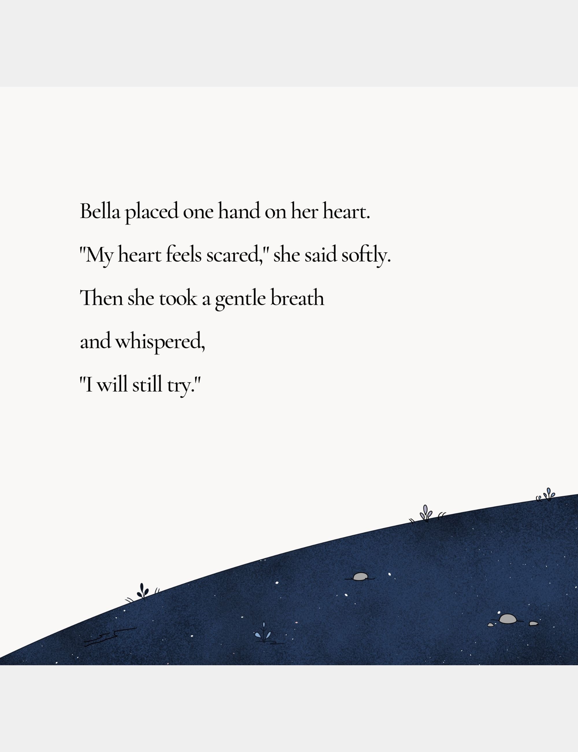Preview page from Bella the Sunshine Girl featuring Bella’s quiet affirmation to keep trying despite fear on the silent blue hills of Big Blue.